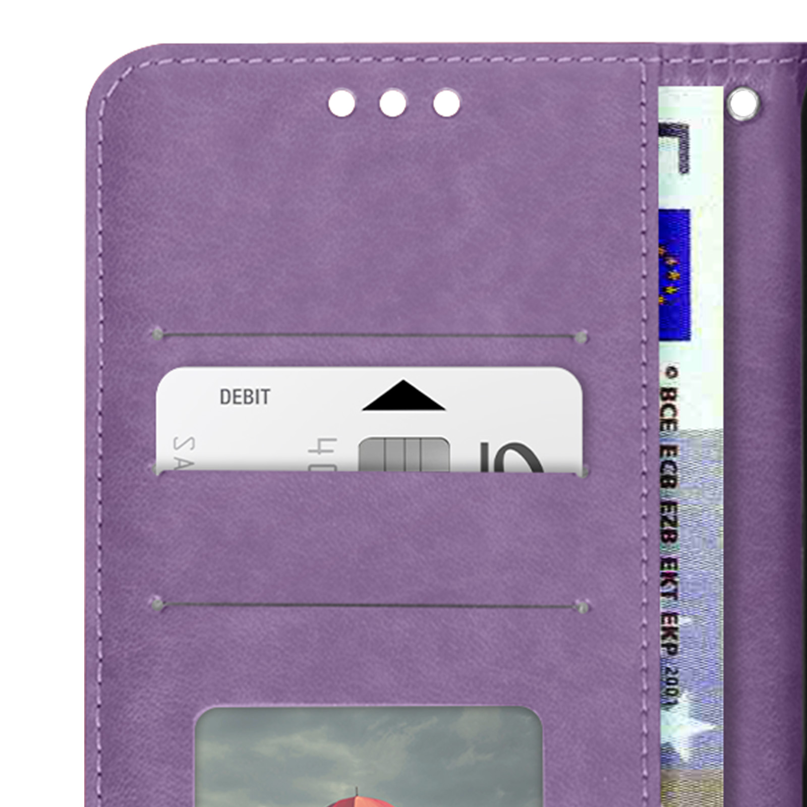 Custodia per telefono viola aperta, con carte e telefono. Primo piano degli slot per schede.