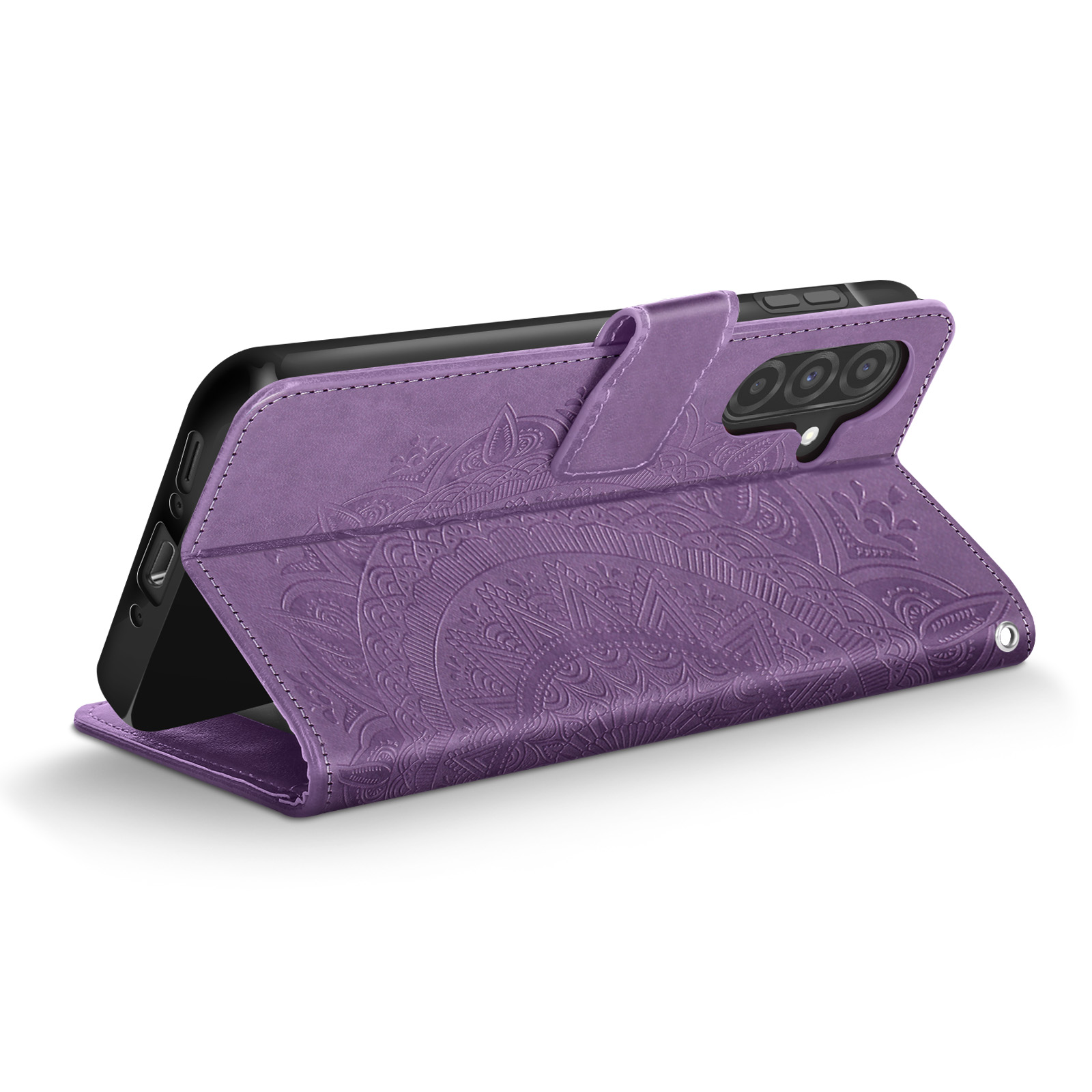 Custodia per telefono viola con design mandala, aperta per rivelare un telefono. Sfondo bianco.