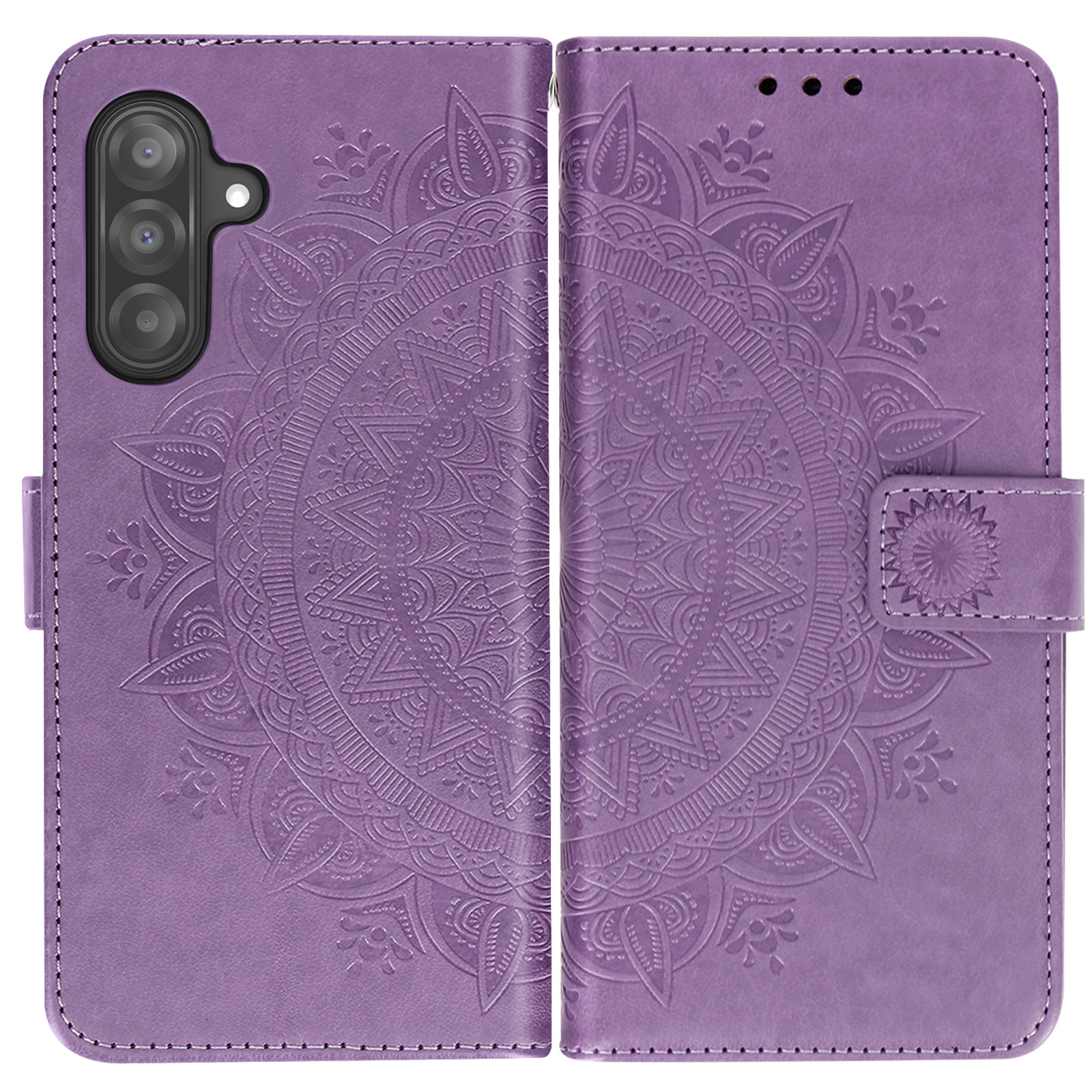 Custodia per telefono viola chiusa. Design mandala sul davanti. Schermo del telefono visibile all'interno.