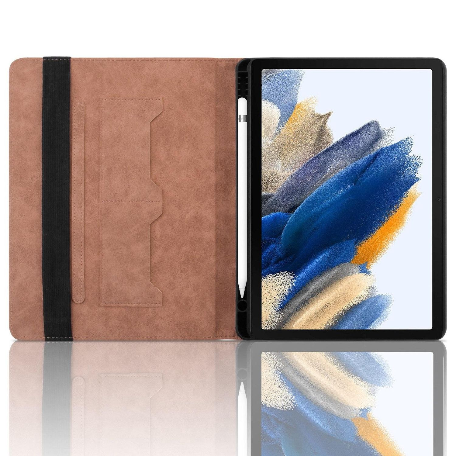 Tablet mit Hülle und Stift. Der Bildschirm zeigt ein farbenfrohes, abstraktes Design, das sich spiegelt.