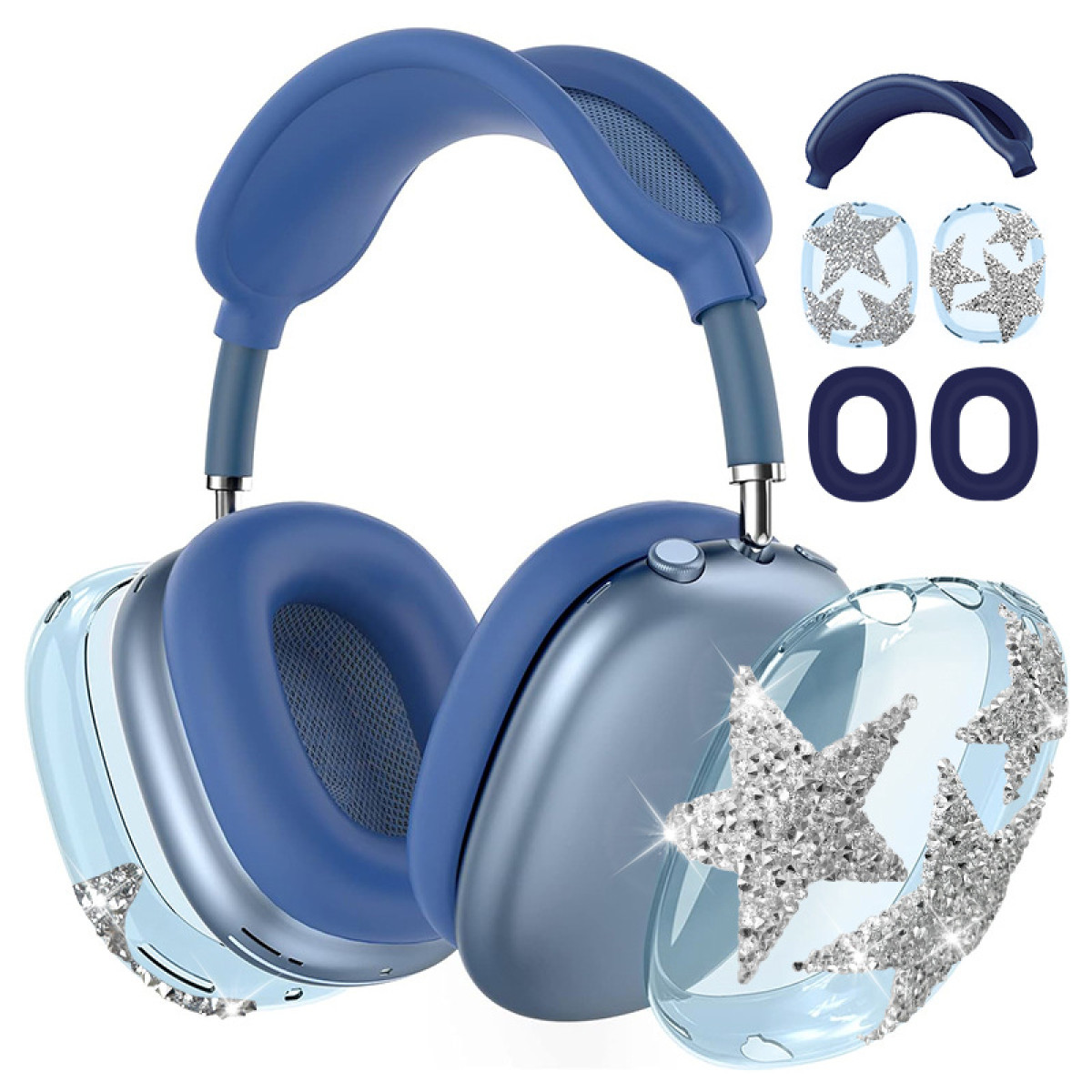 Blaue Kopfhörer mit Stern-Ohrabdeckungen und zusätzlichen Ohrpolstern.