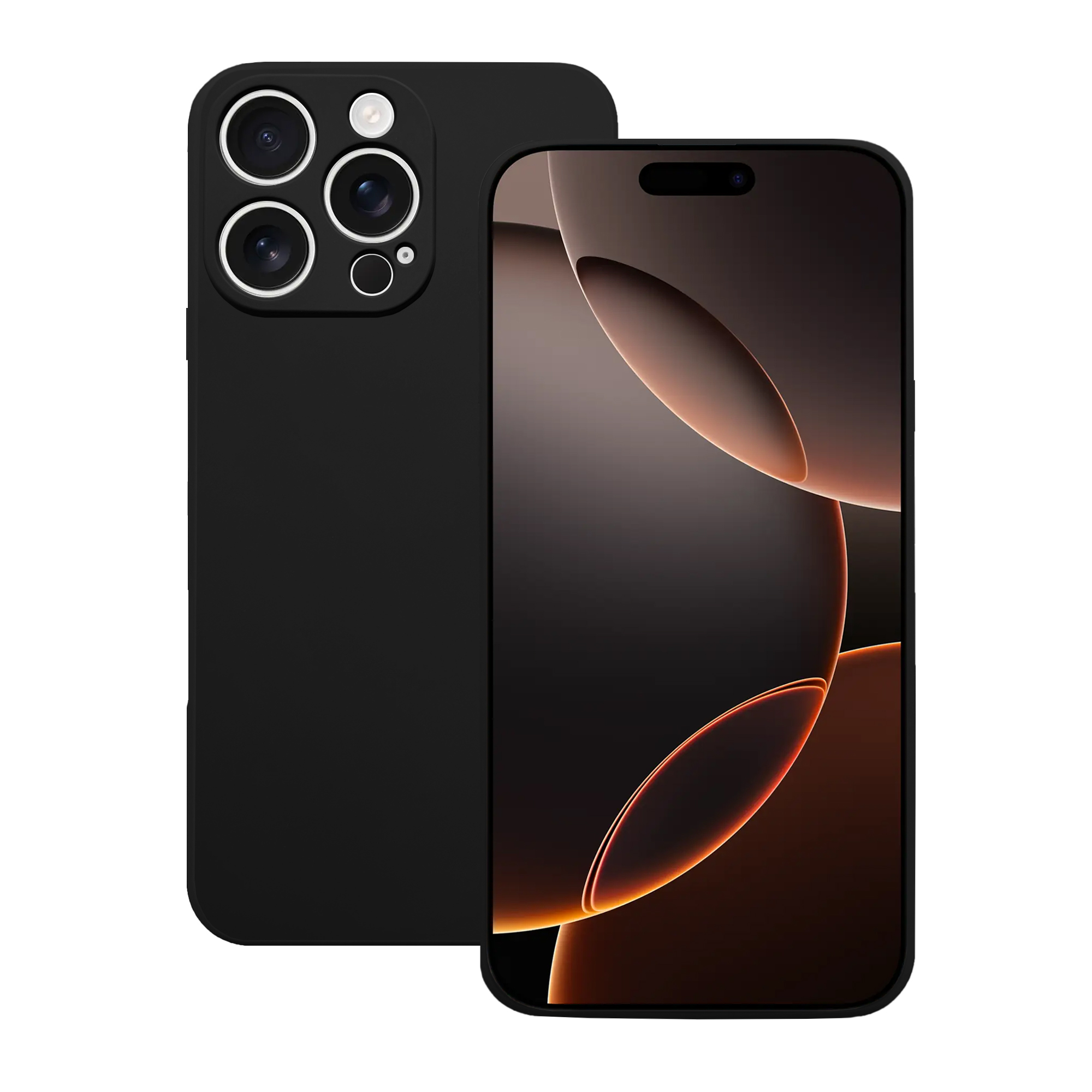 Schwarzes Smartphone mit schwarzer Hülle, Rückseite mit Kameralinsen und Bildschirm mit abstraktem Design.