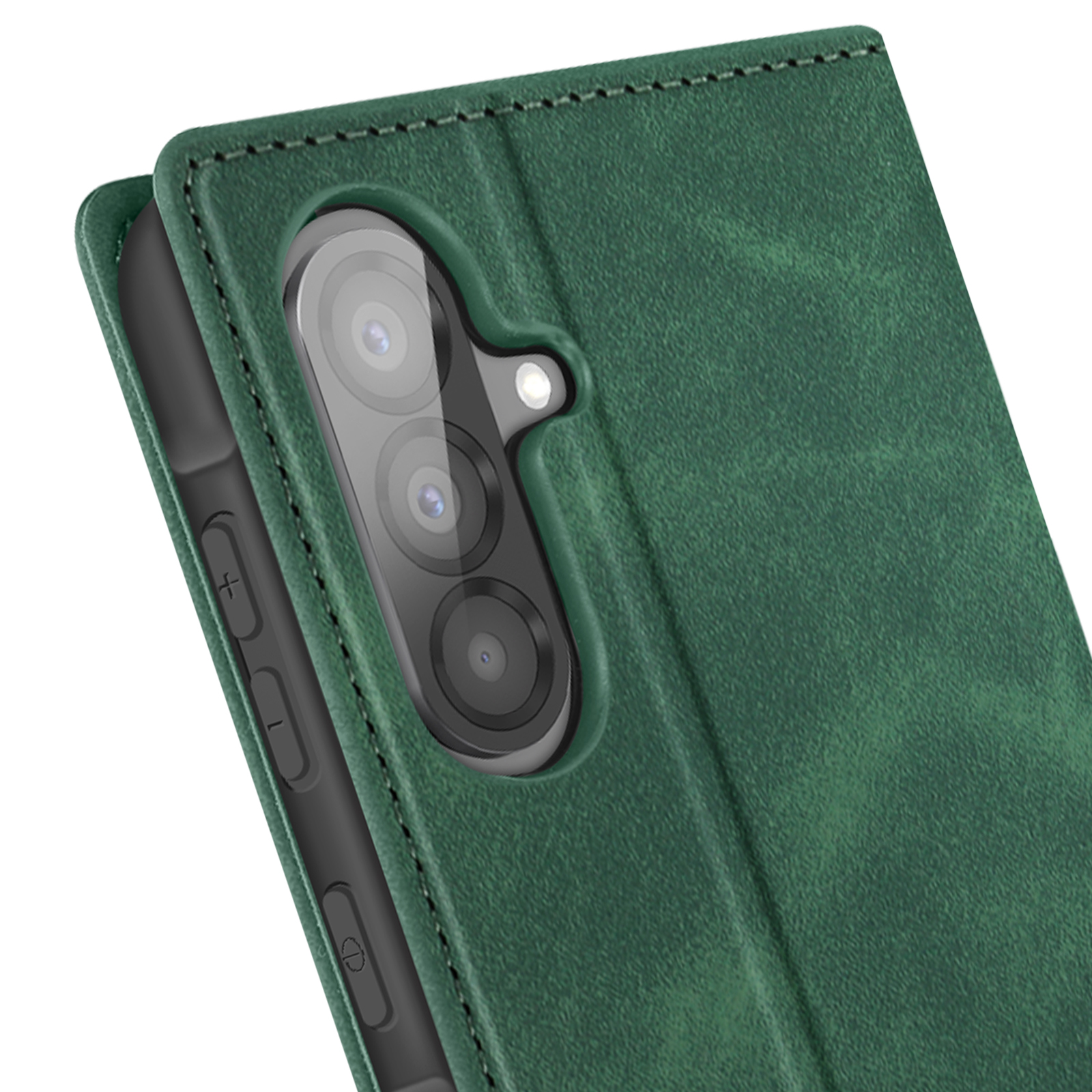 Een groene telefoonhoes met een cameralens, op een witte achtergrond.