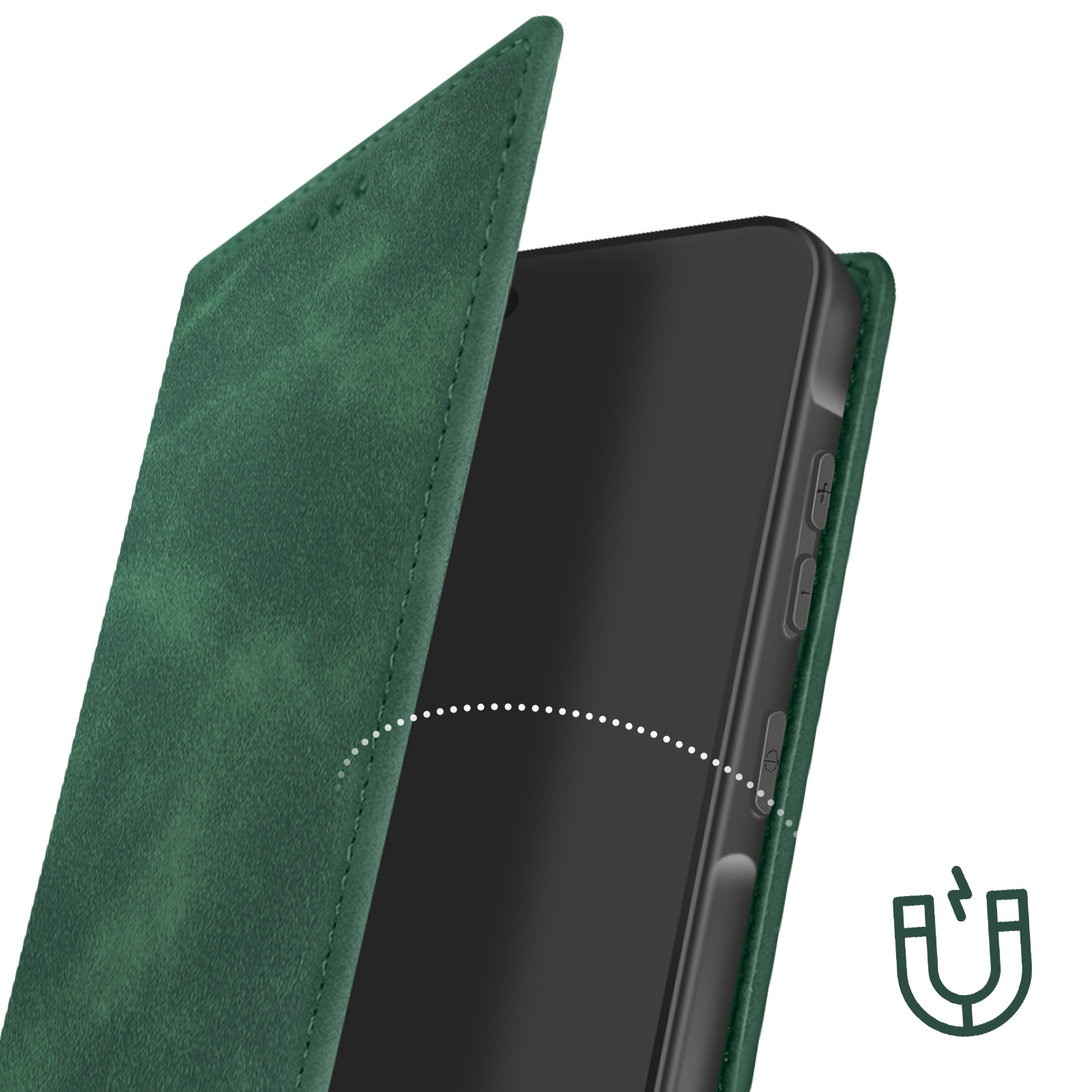 Groene hoes open, toont zwarte telefoon. Magnetische sluiting met stippellijnen.