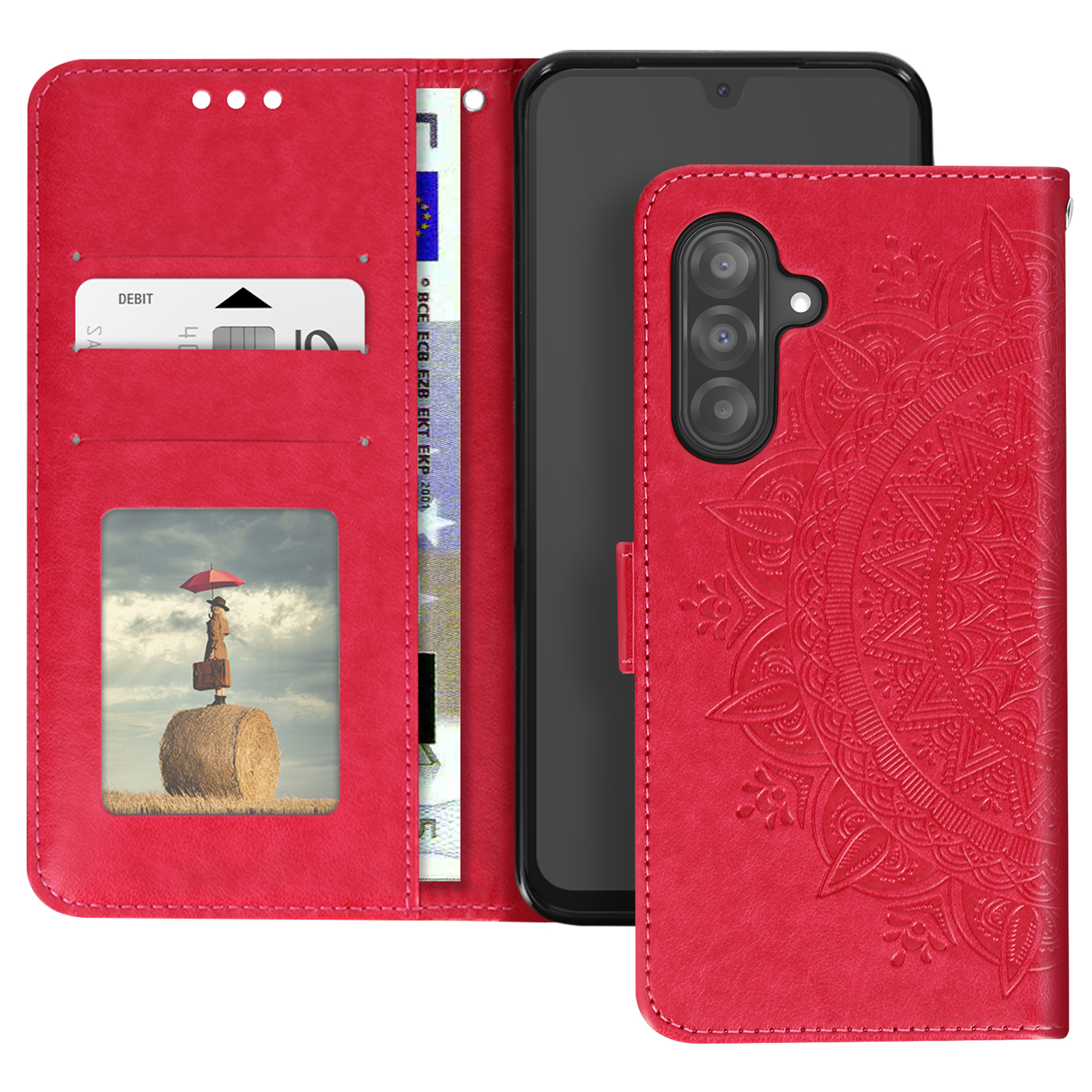 Custodia a portafoglio rossa con design mandala. Contiene una carta di debito, denaro e una foto.