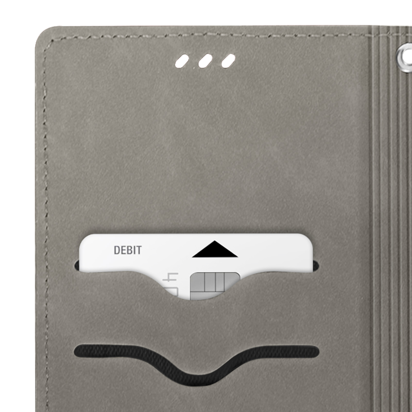 Una custodia per telefono grigia. La custodia è aperta con una carta e uno slot per schede visibili.