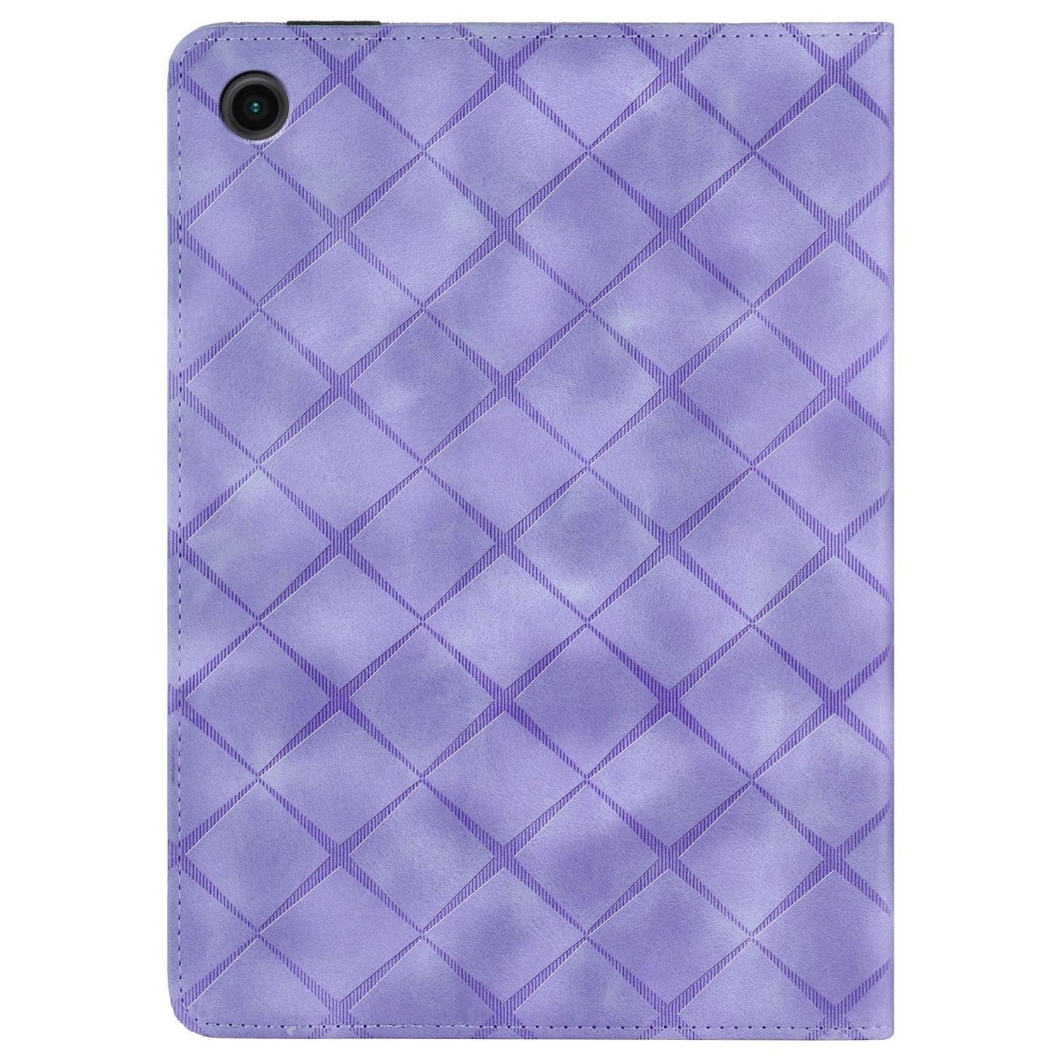 Una funda de tableta morada con un patrón. Está cerrada, mostrando el exterior de la funda.