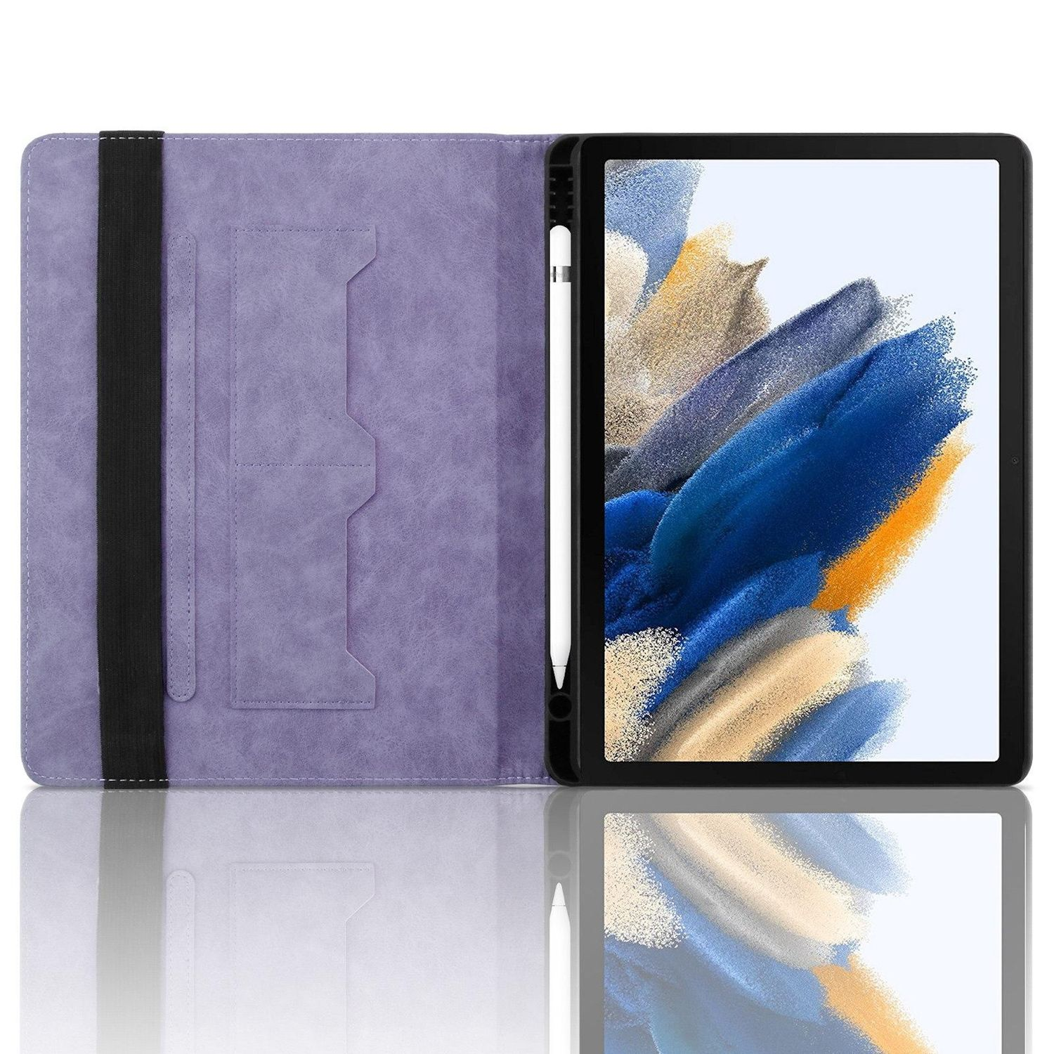 Una funda de tableta morada abierta con una tableta y un lápiz óptico en el interior. El fondo es blanco.