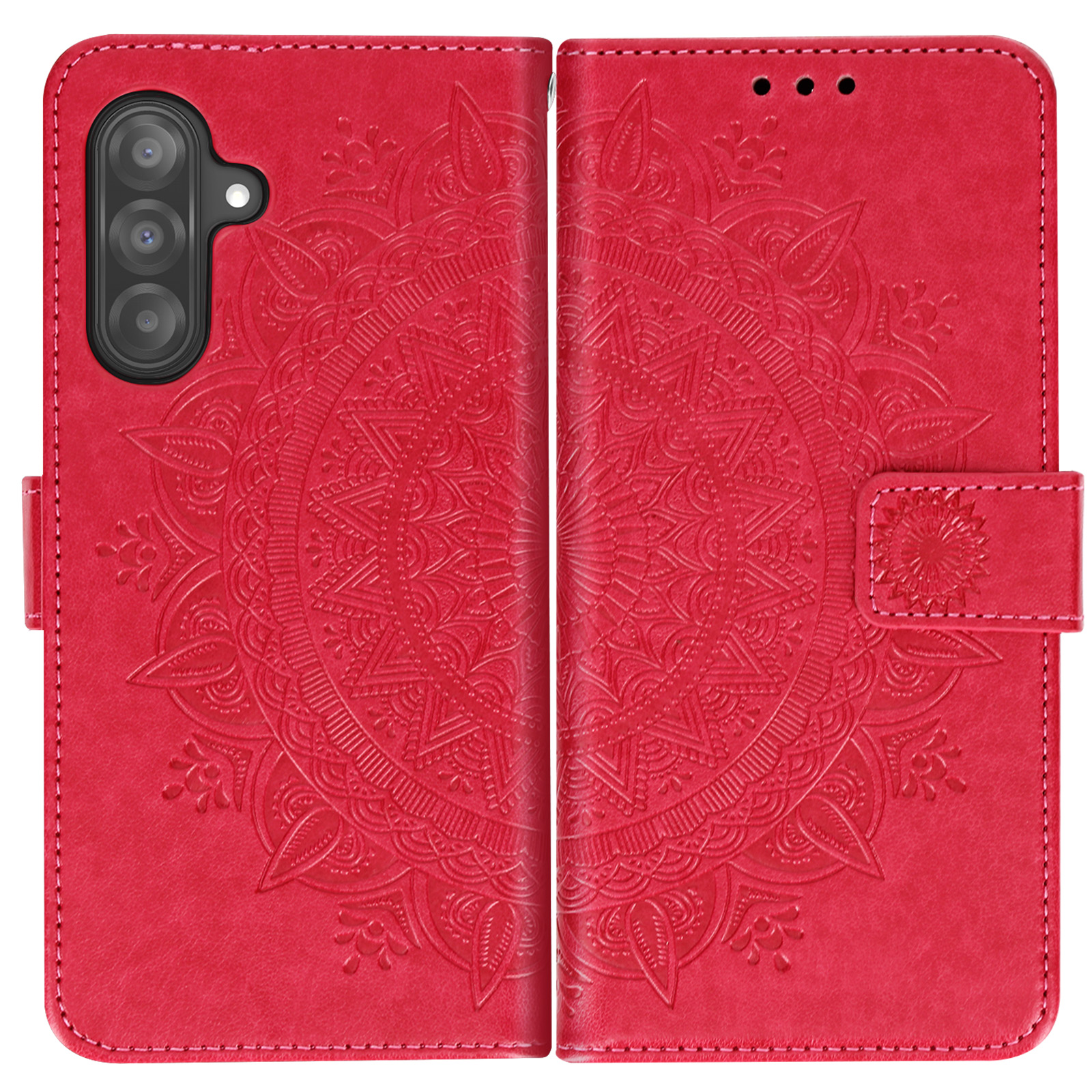 La custodia rossa del telefono è aperta, mostrando un design a mandala.