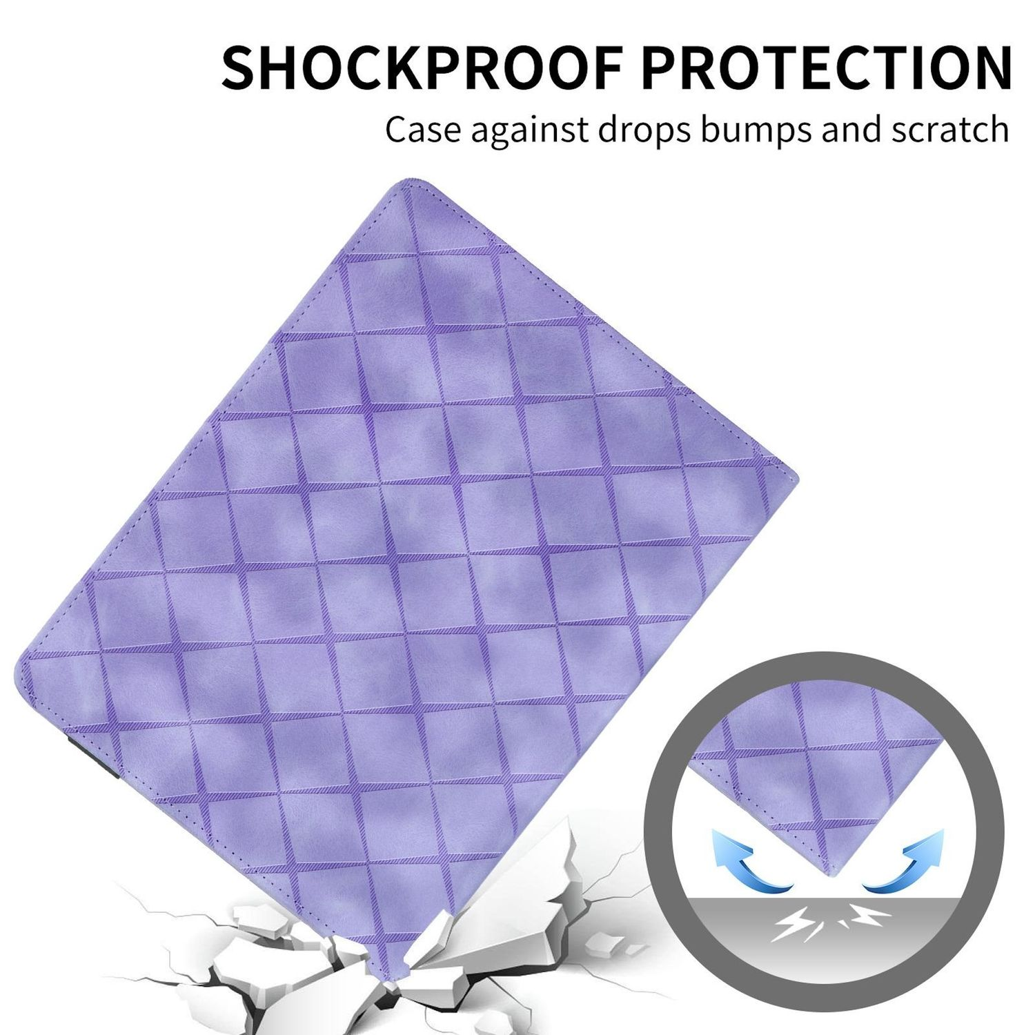 Una funda de tableta morada sobre un fondo blanco. La funda está inclinada, con el texto "SHOCKPROOF PROTECTION".