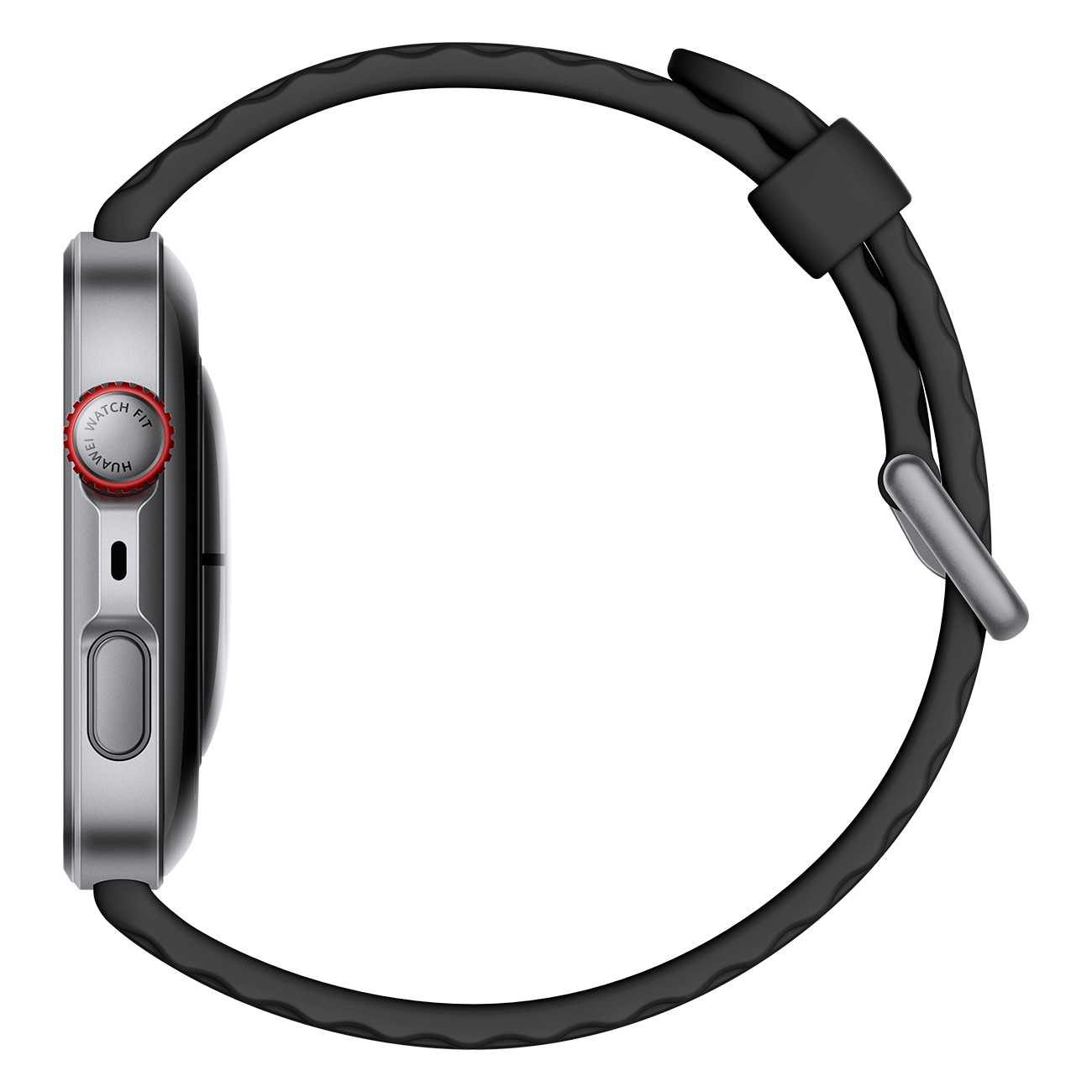Seitenansicht einer Smartwatch mit rotem Knopf und schwarzem Armband.