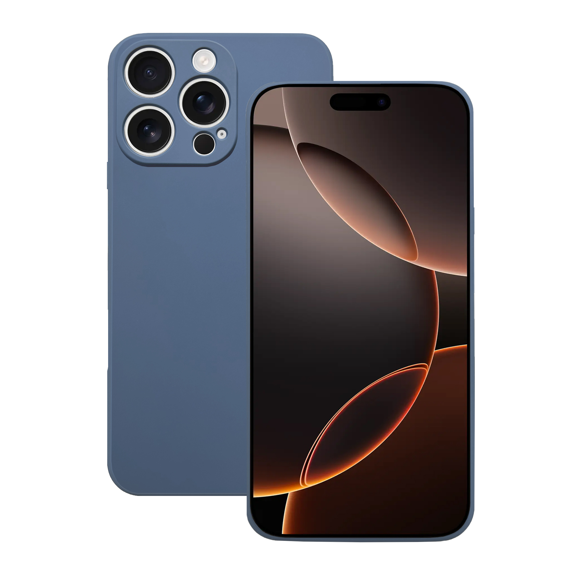 Blaue Handyhülle mit Telefon; Bildschirm zeigt dunkles Design. Hülle hat drei Linsen.