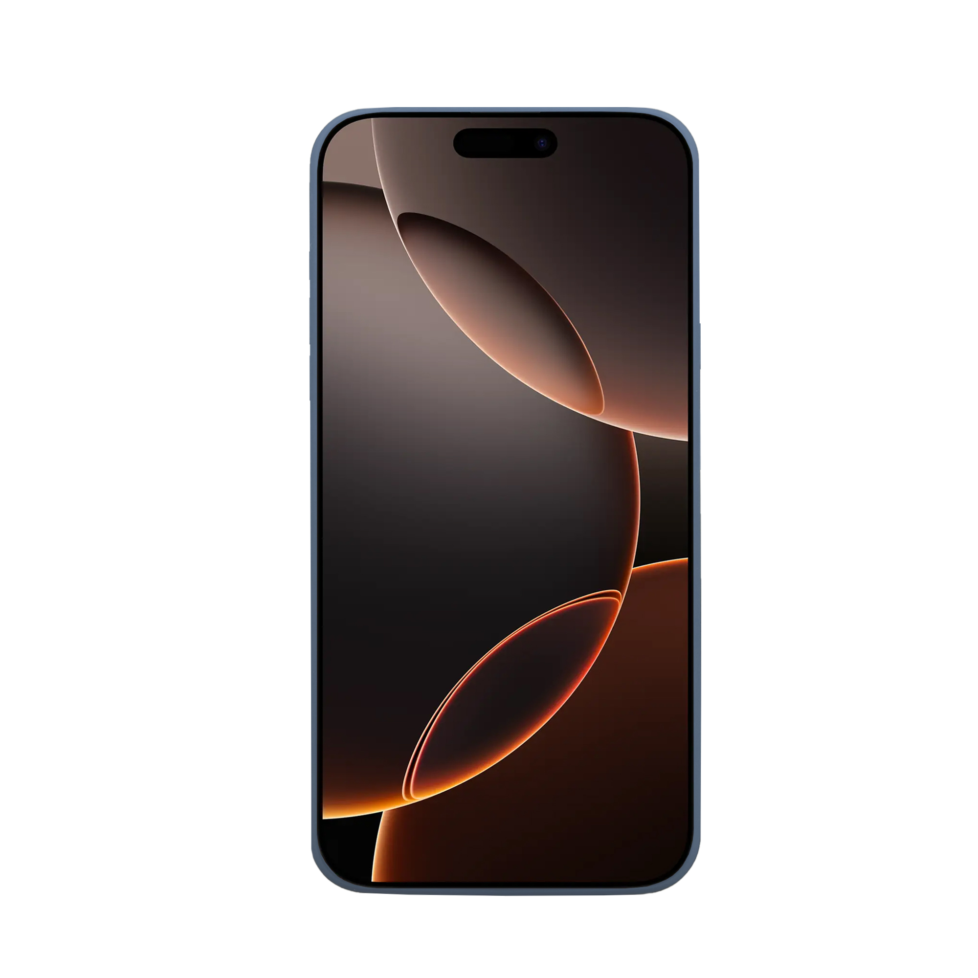 Blaues Telefon, Bildschirm zeigt dunkles Design mit orangenen Highlights. Weißer Hintergrund.