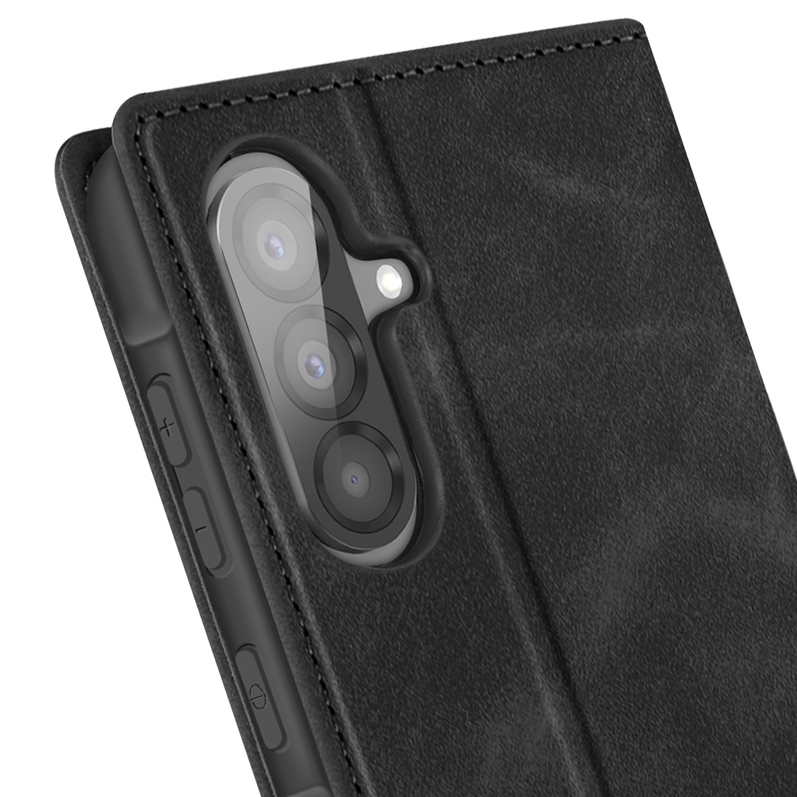 Custodia nera, mostra il retro con le tre lenti della fotocamera.