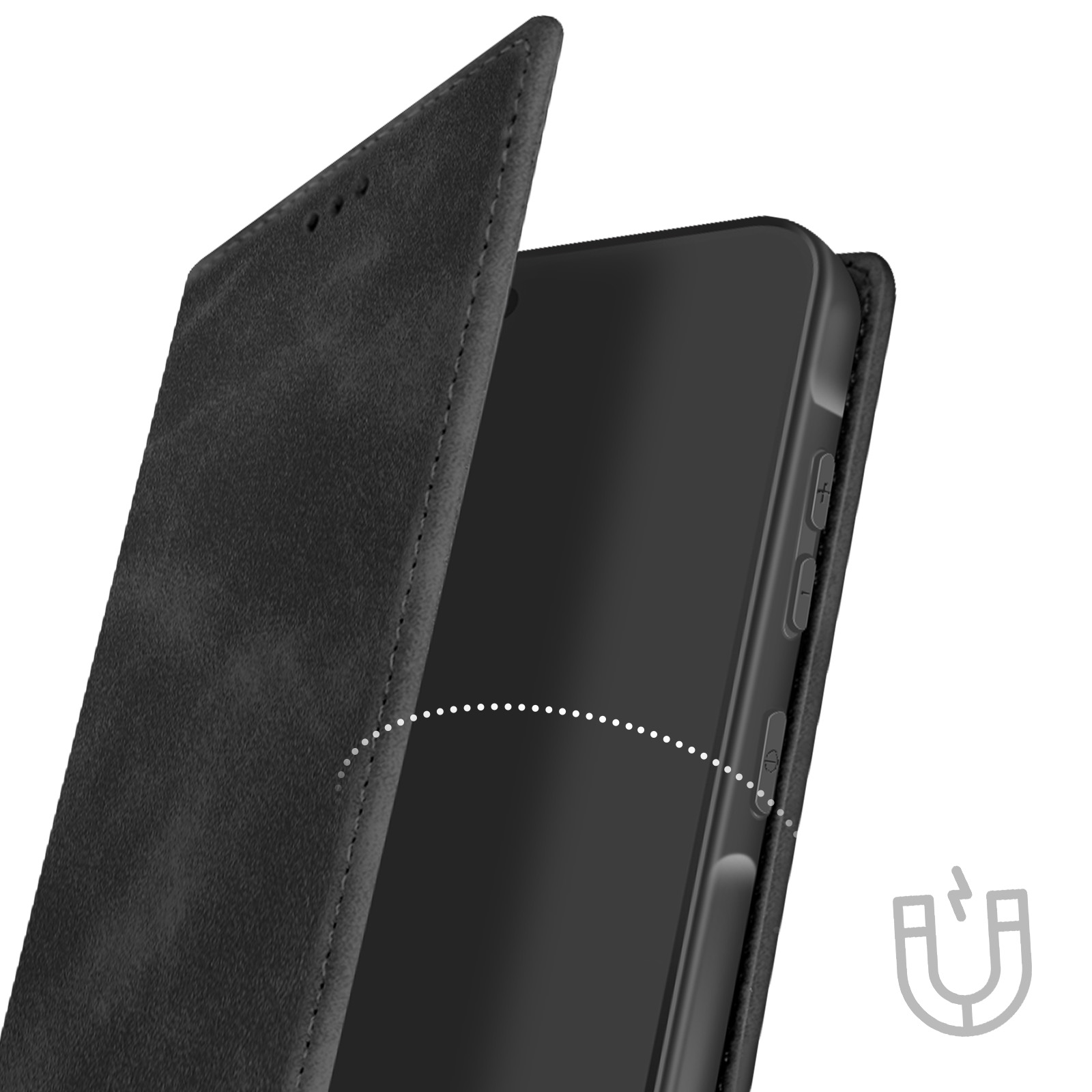 Custodia che mostra l'interno con chiusura magnetica. Il telefono è dentro.
