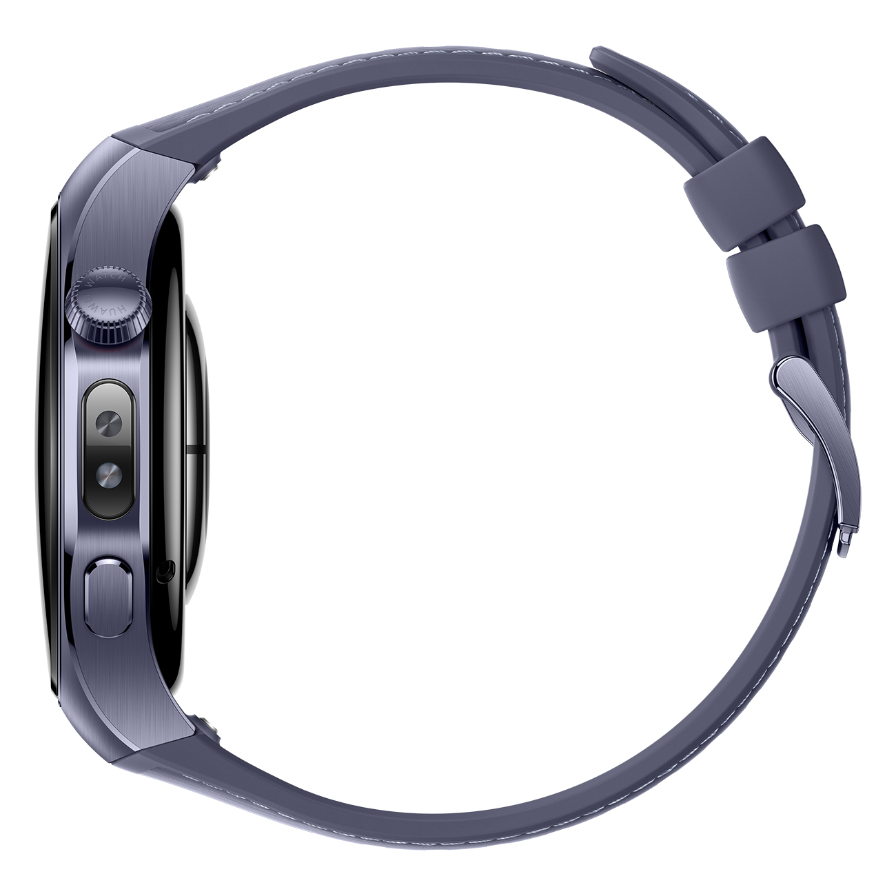 Widok z boku smartwatcha. Zegarek jest szary i ma szary pasek.