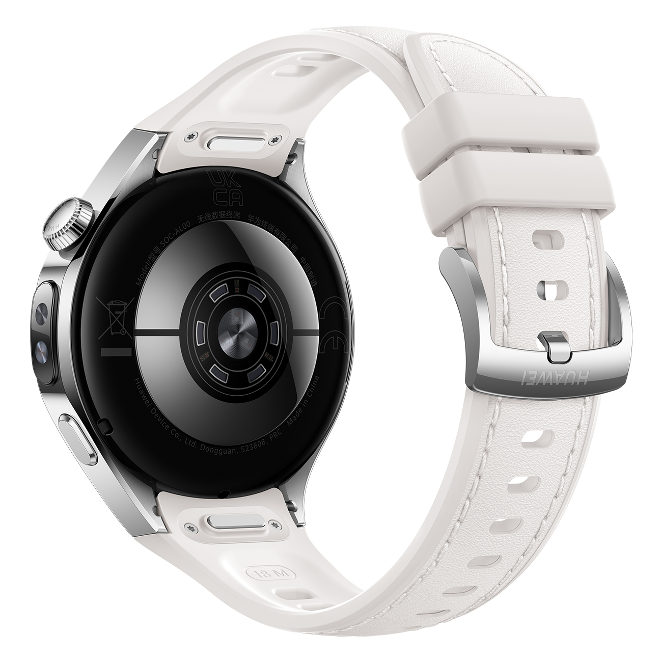 Achteraanzicht van een witte smartwatch op een witte band. Huawei-logo zichtbaar.