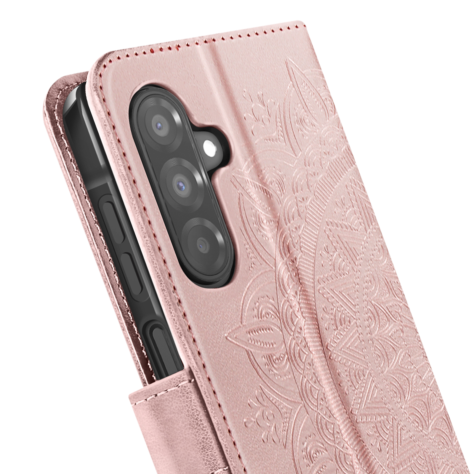 Custodia rosa per telefono con un design floreale. Il telefono all'interno è parzialmente visibile.