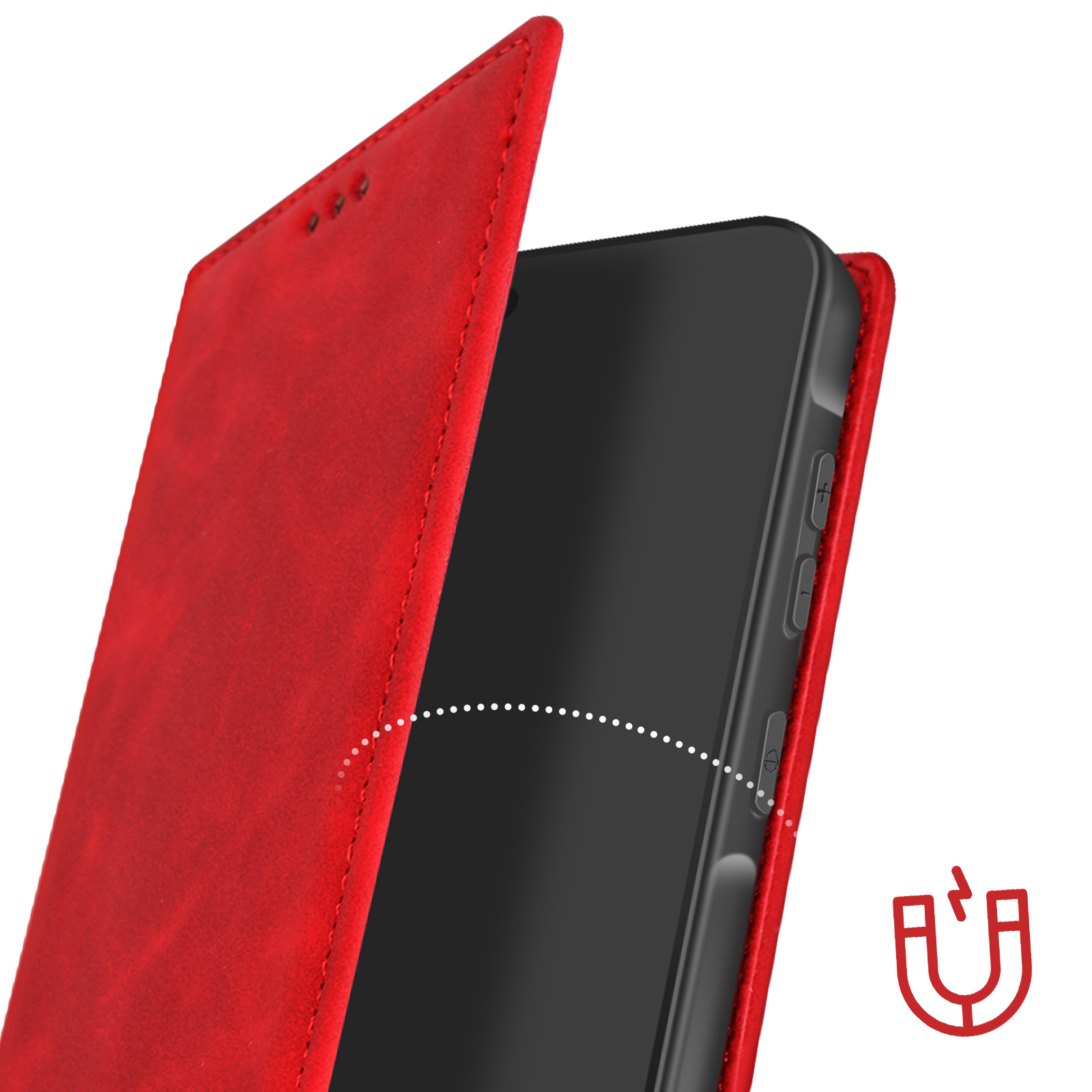 Een rode telefoonhoes open, de telefoon tonend, en met een magnetisch sluitsymbool.