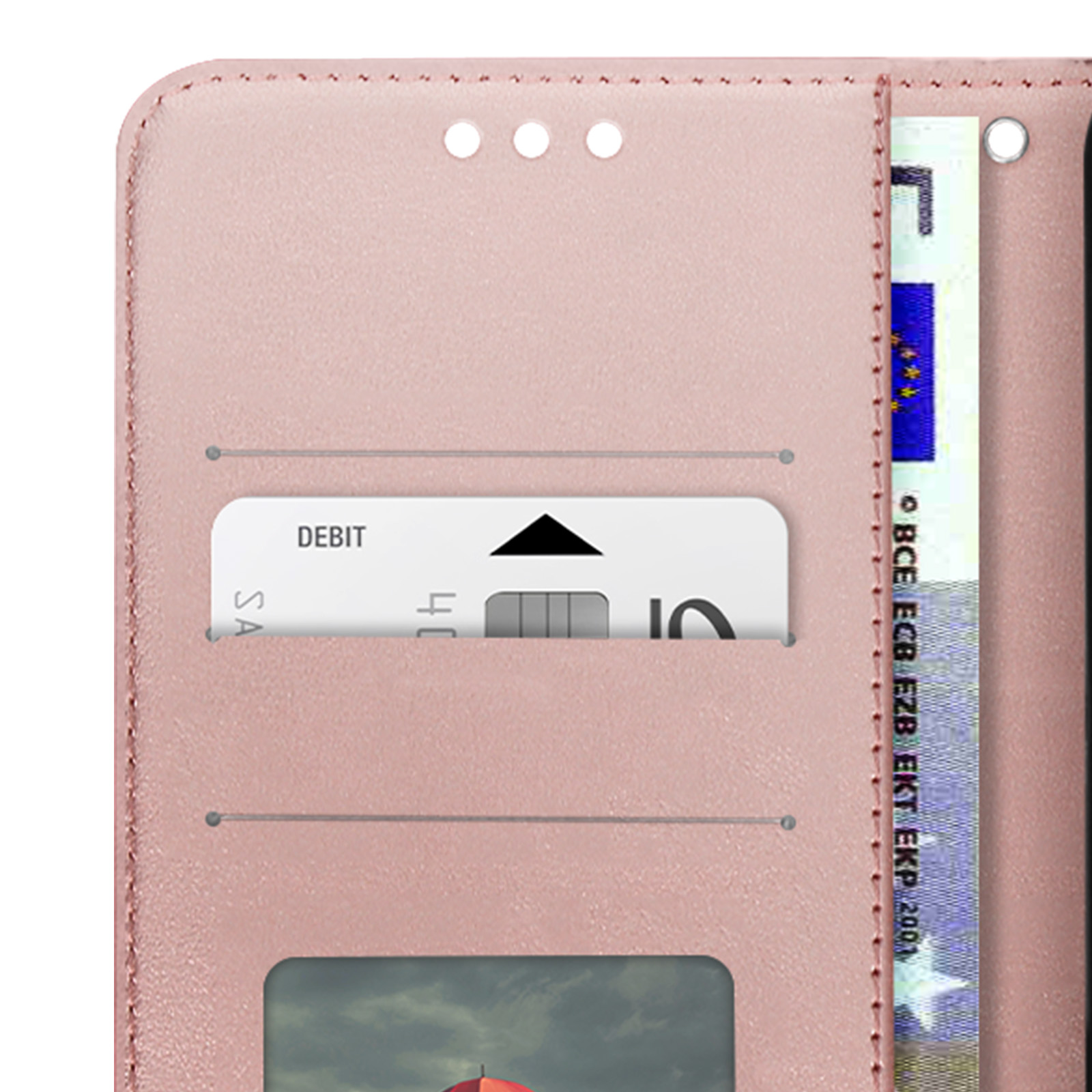 Primo piano di una custodia rosa per telefono con una carta e denaro all'interno, che mostra i dettagli.