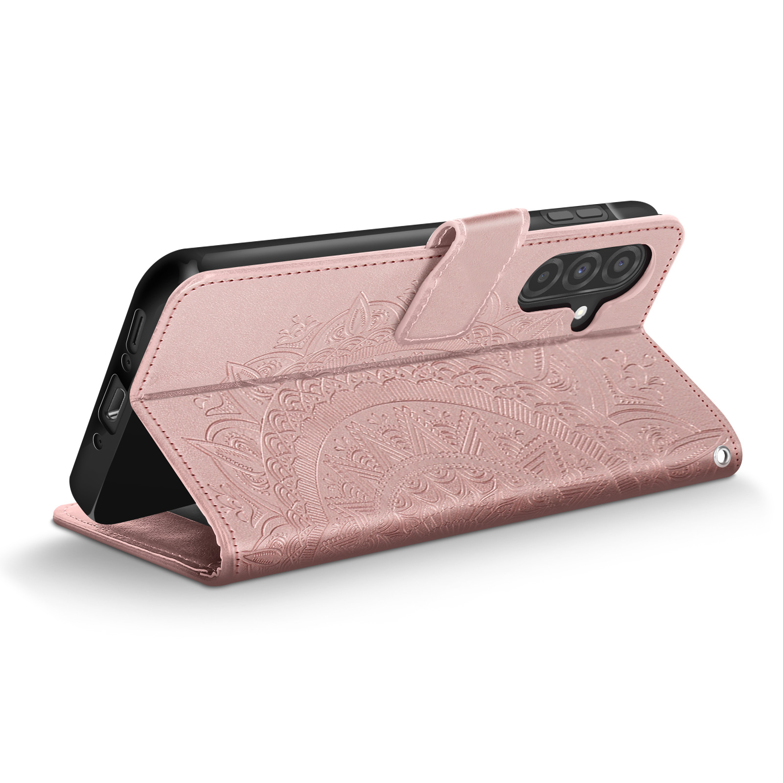 Custodia per telefono rosa con design floreale, aperta in piedi, che rivela il telefono.