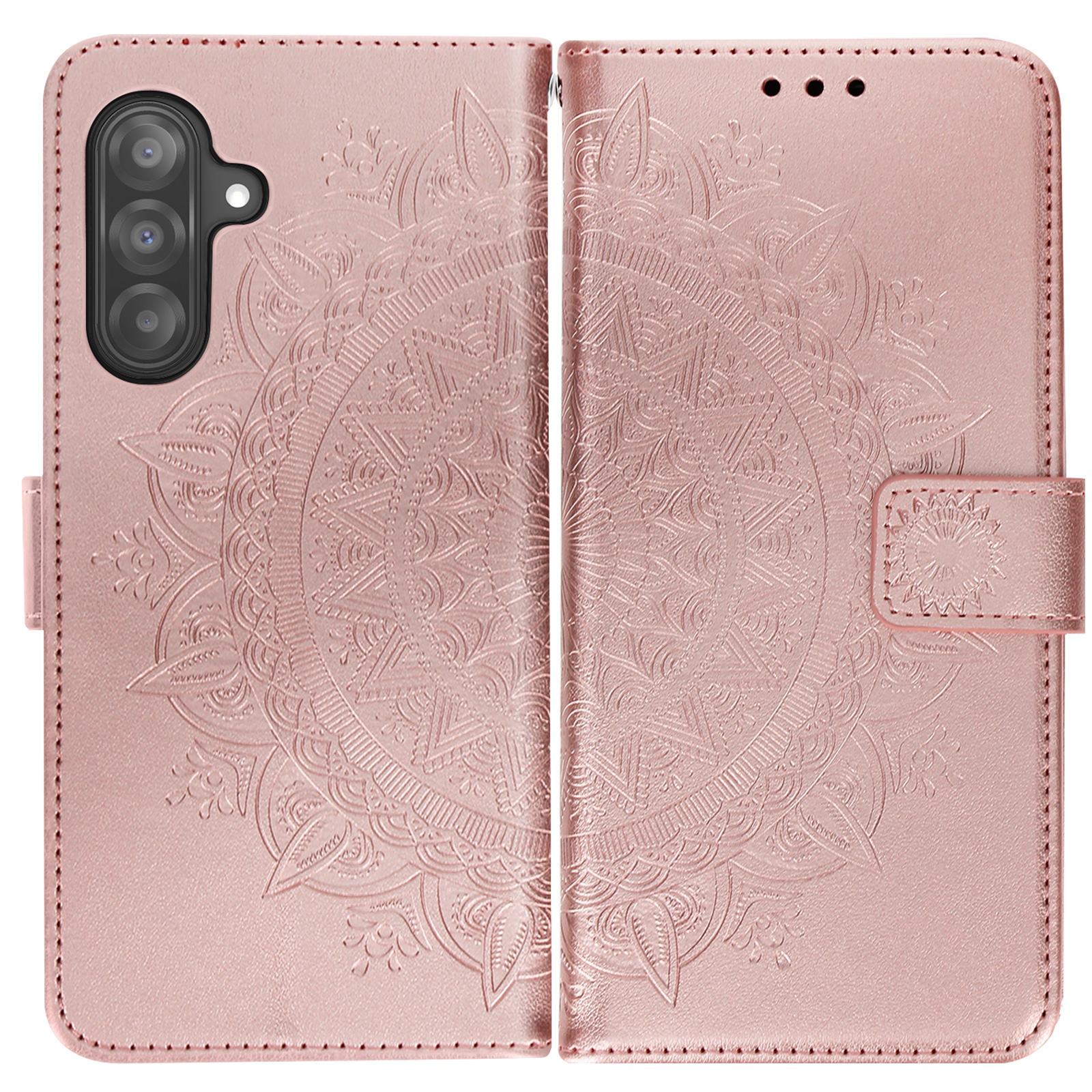 Custodia rosa per telefono con design floreale in rilievo, aperta, che mostra l'interno e la chiusura.