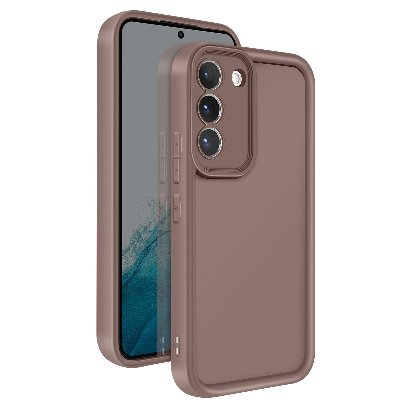 Telefono con custodia. Custodia marrone, schermo nero. Tre obiettivi della fotocamera.