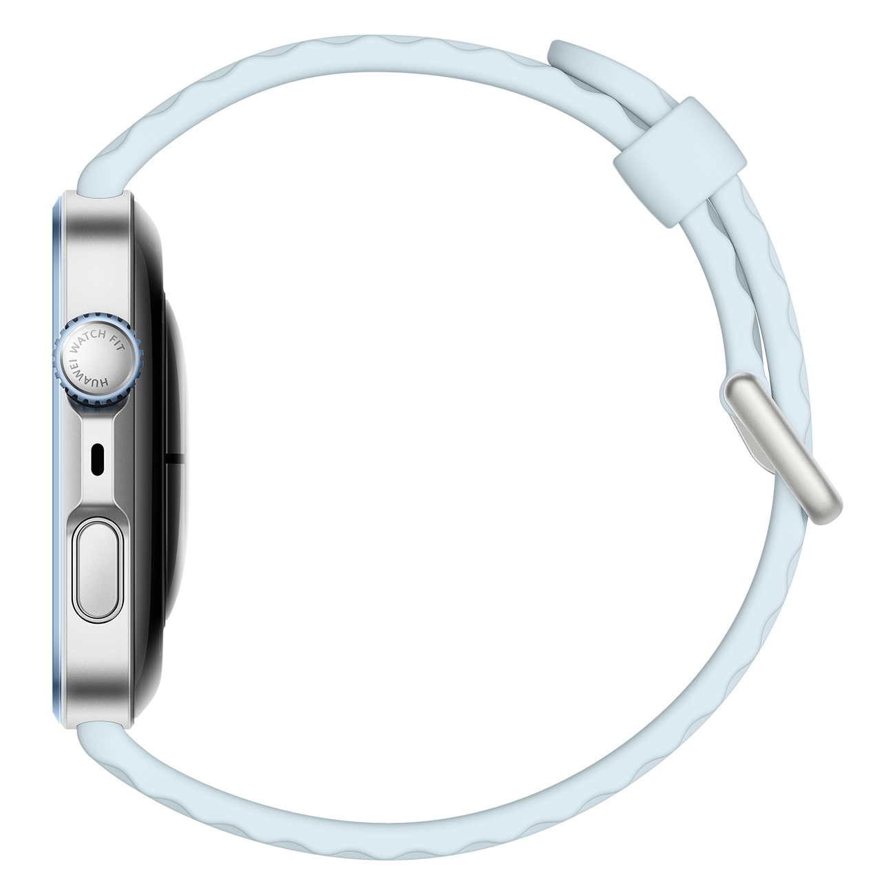 Widok z boku smartwatcha. Srebrna obudowa, niebieski pasek. Białe tło.