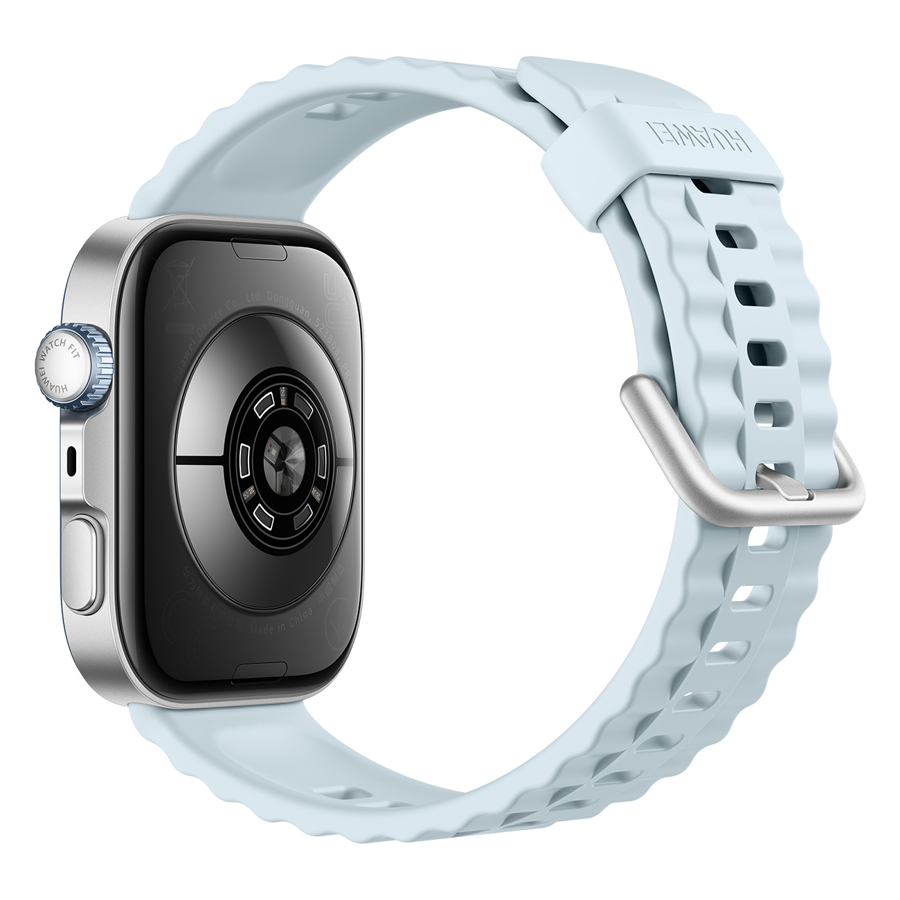 Jasnoniebieski smartwatch i pasek. Tył zegarka pokazuje czujniki. Białe tło.