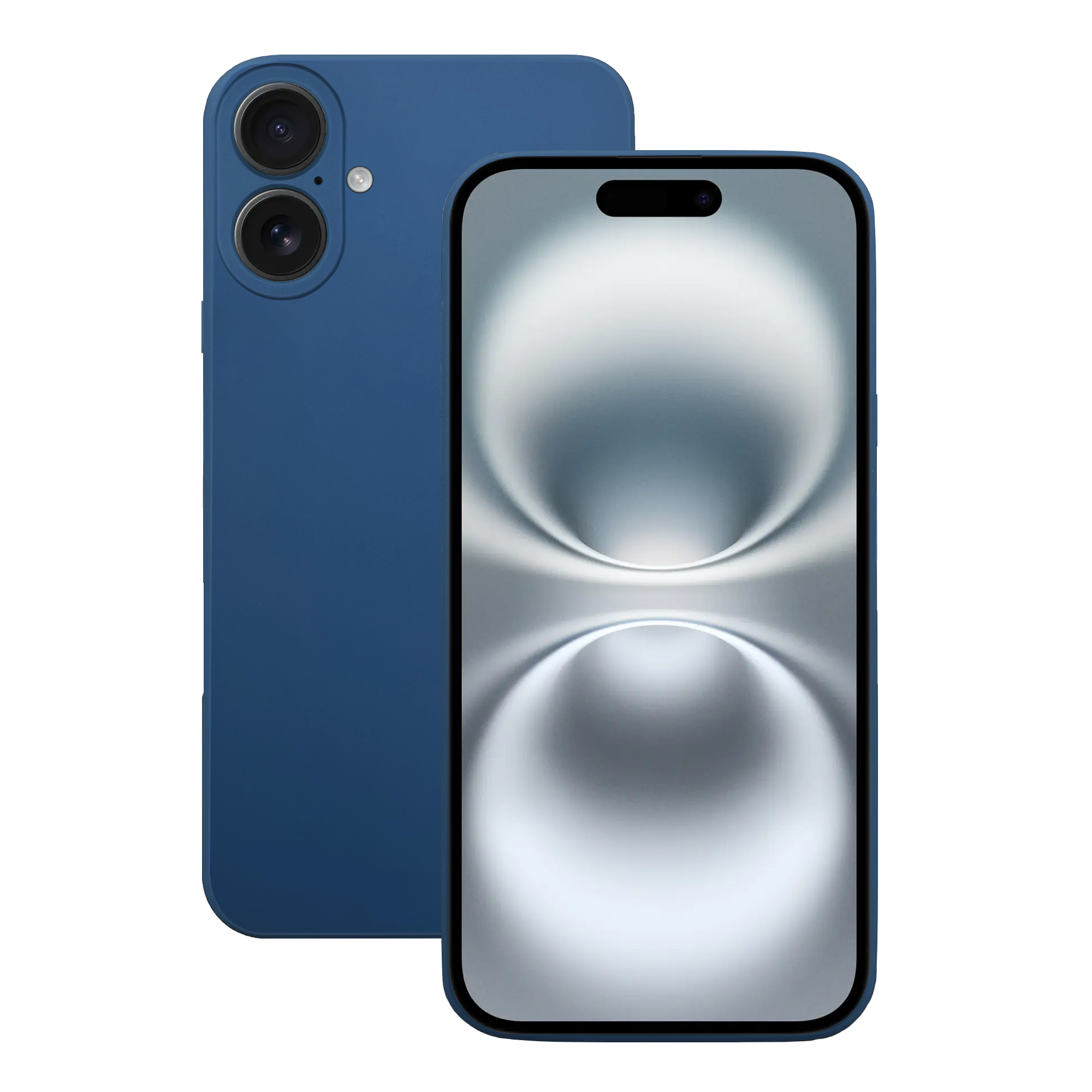 Blaue Telefonhülle, Telefon mit gewölbtem Bildschirm. Auf der Rückseite befinden sich zwei Kameras.