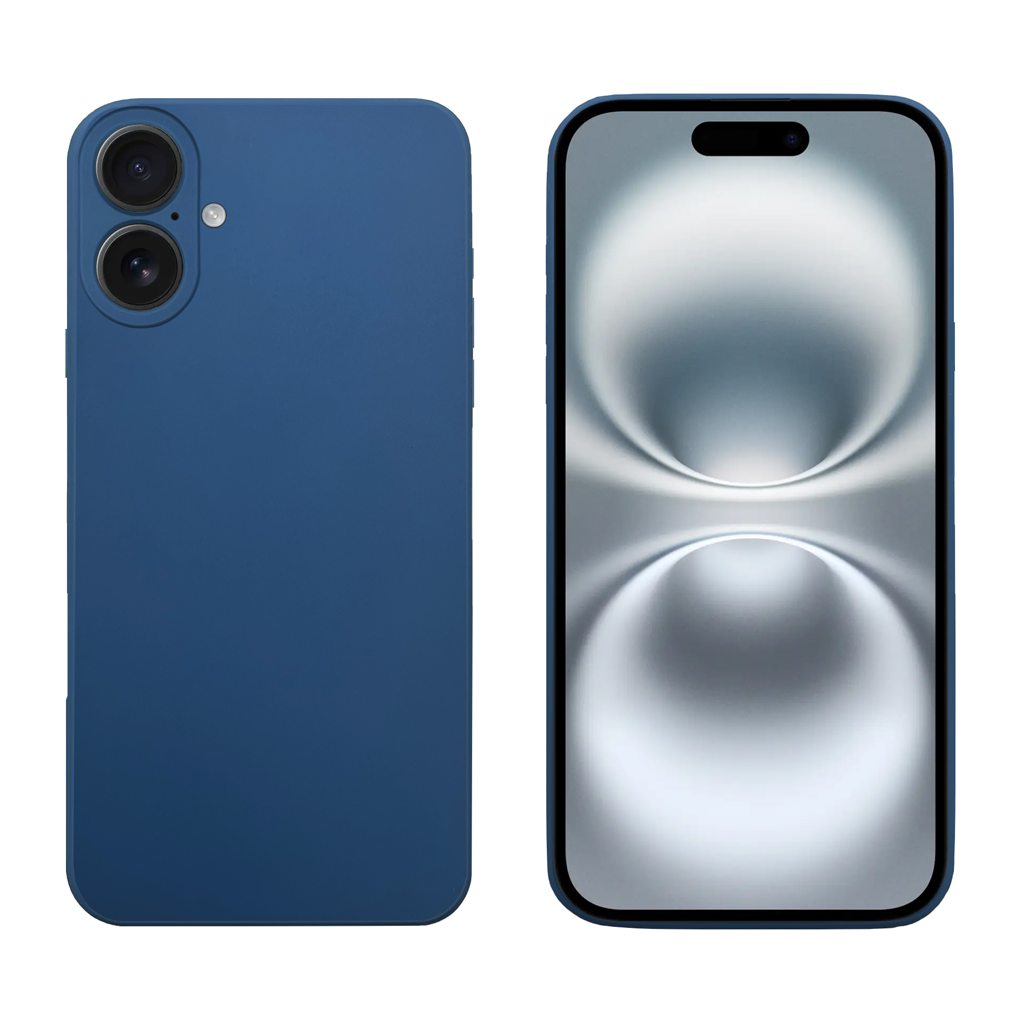 Blaues Telefon mit Handyhülle. Das Telefon hat ein einzigartiges Bildschirmdesign. Weißer Hintergrund.