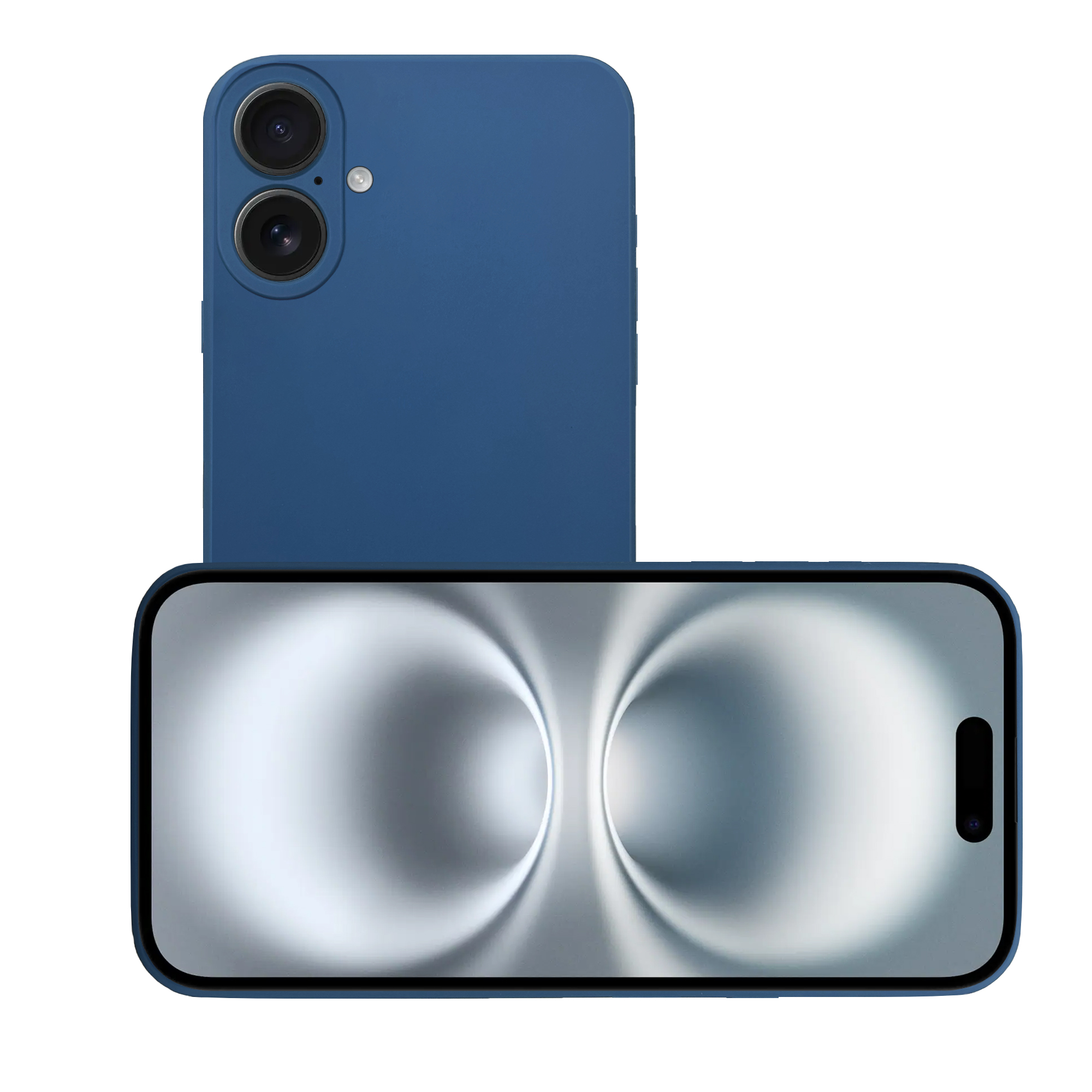 Blaues Telefon mit Handyhülle. Das Telefon hat ein einzigartiges Bildschirmdesign. Weißer Hintergrund.