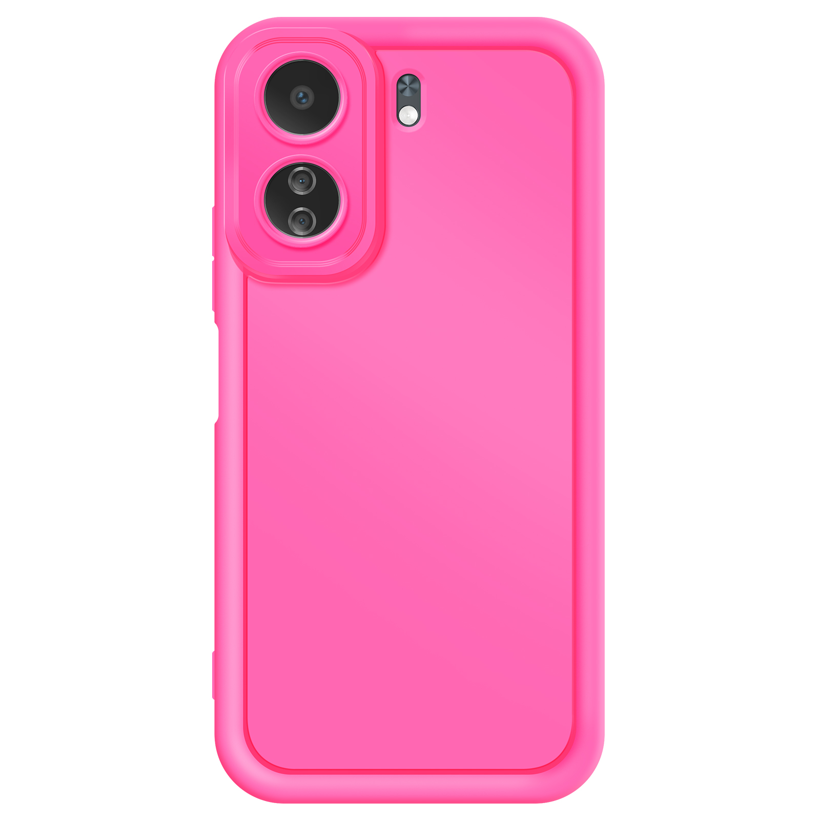 Custodia rosa per telefono con doppia fotocamera. Il telefono è su sfondo bianco.