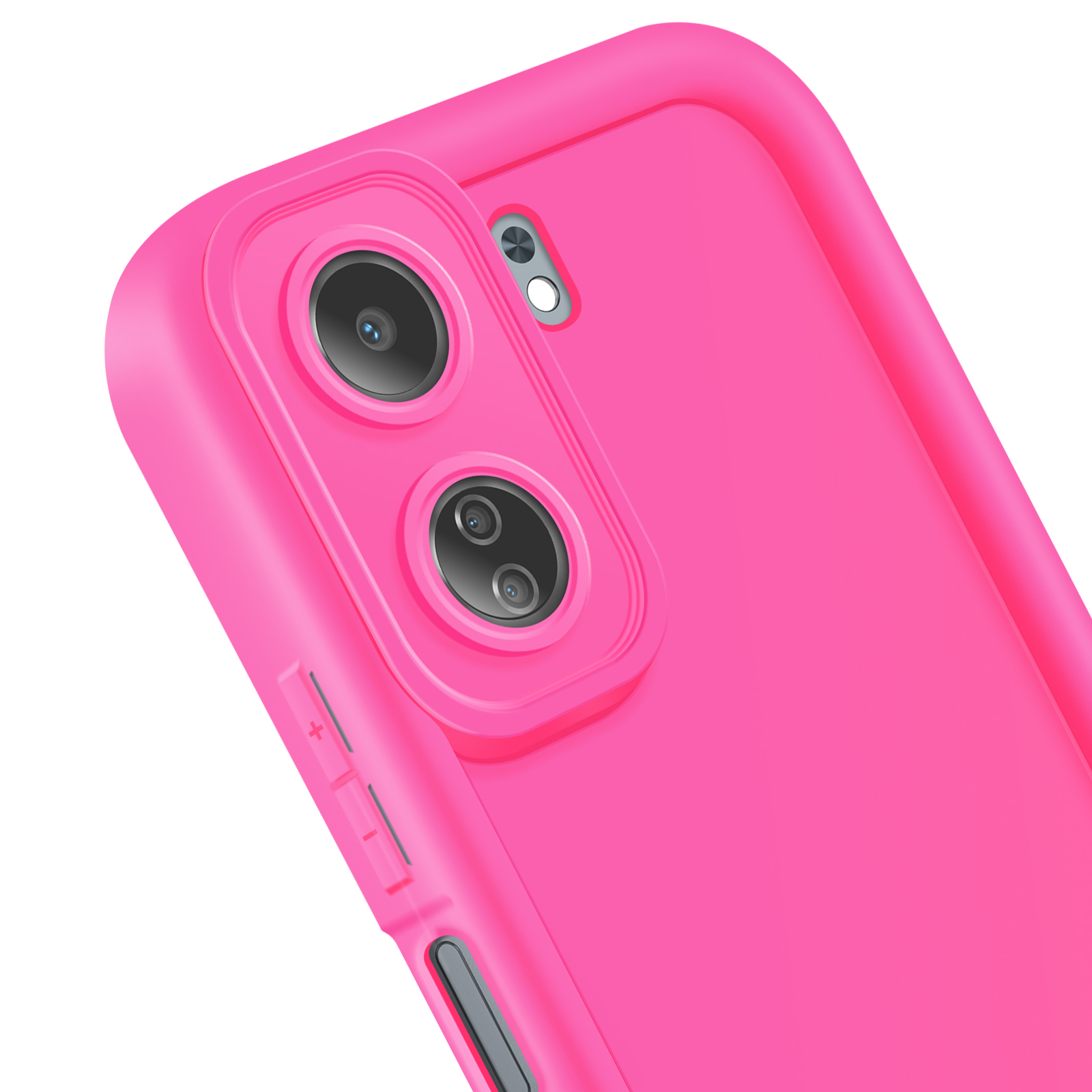 Custodia rosa, primo piano della fotocamera. Pulsanti laterali. Sfondo bianco.