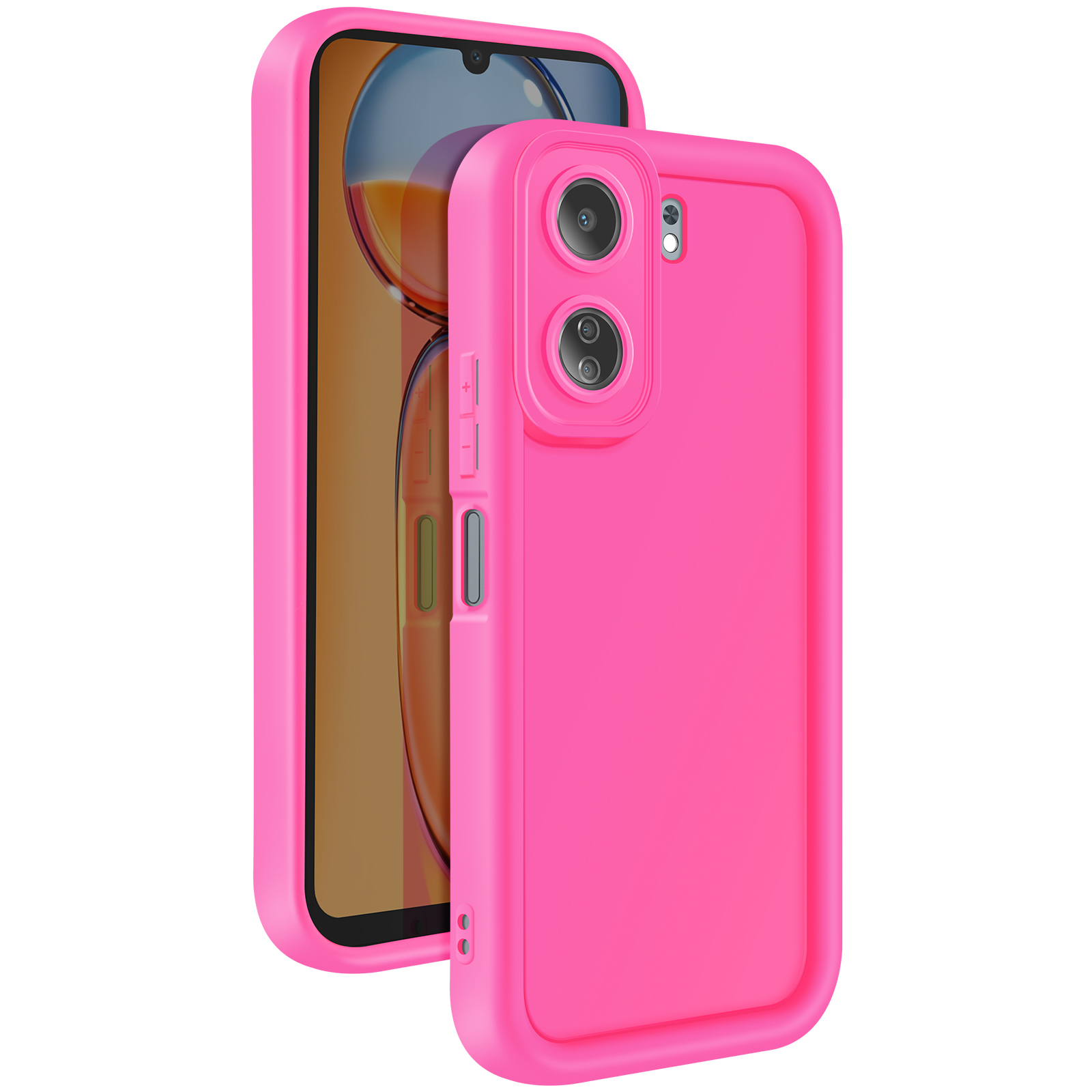 Custodia rosa per telefono con telefono. Custodia rosa, telefono con schermo su sfondo bianco.