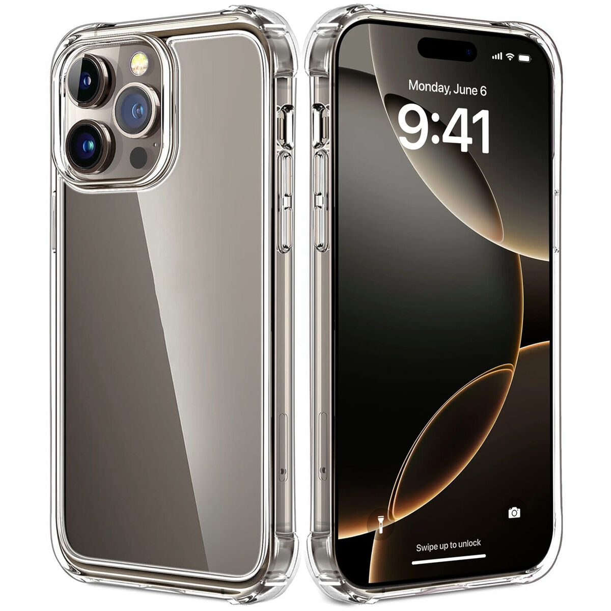 Custodia trasparente con telefono. La data è visibile sullo schermo.
