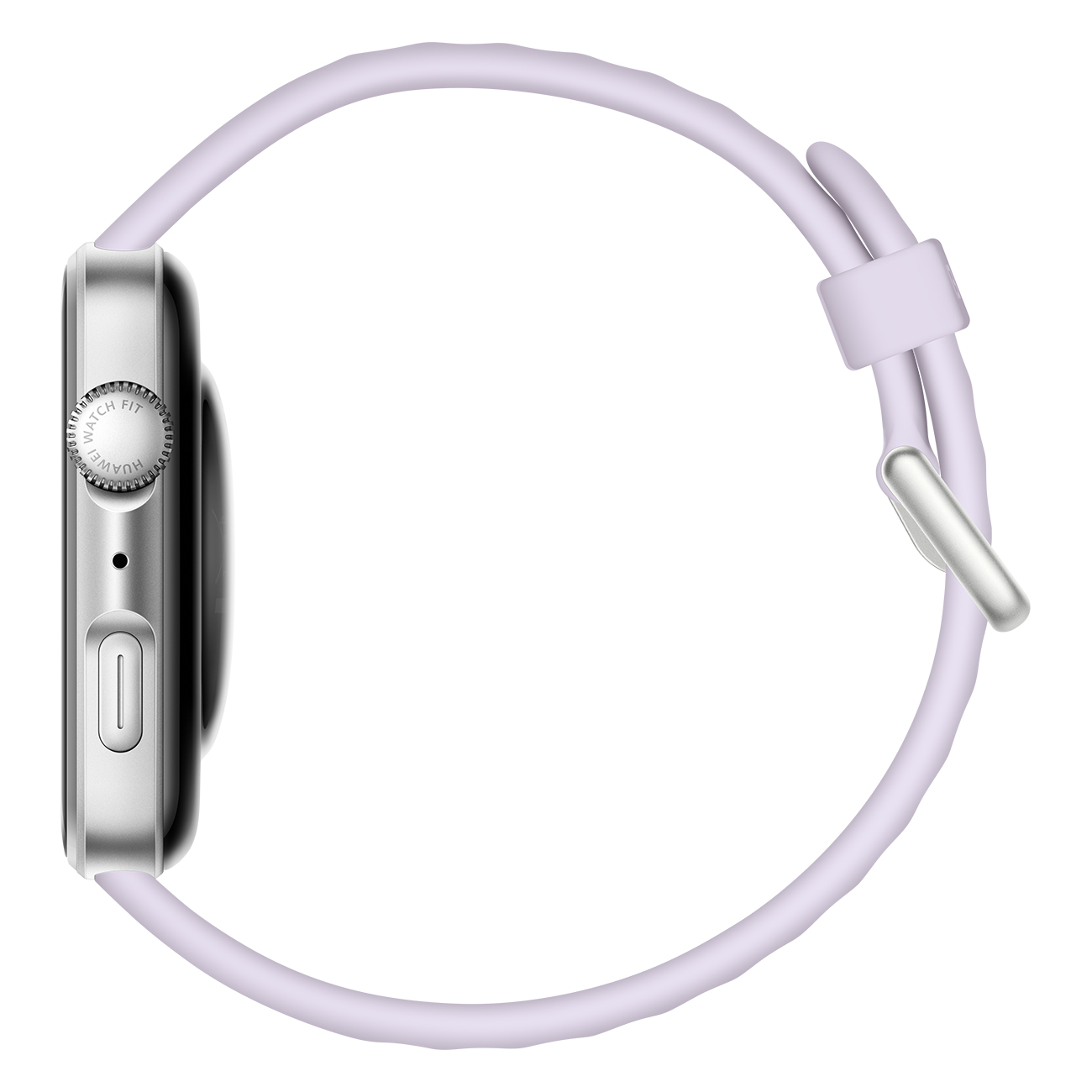 Zijaanzicht van een smartwatch met lavendelkleurige band. Het horloge heeft een zilverkleurige kast.