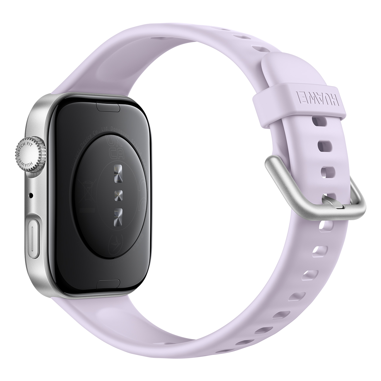 Zijaanzicht smartwatch met lila band. Zilveren behuizing, tekst: HUAWEI.
