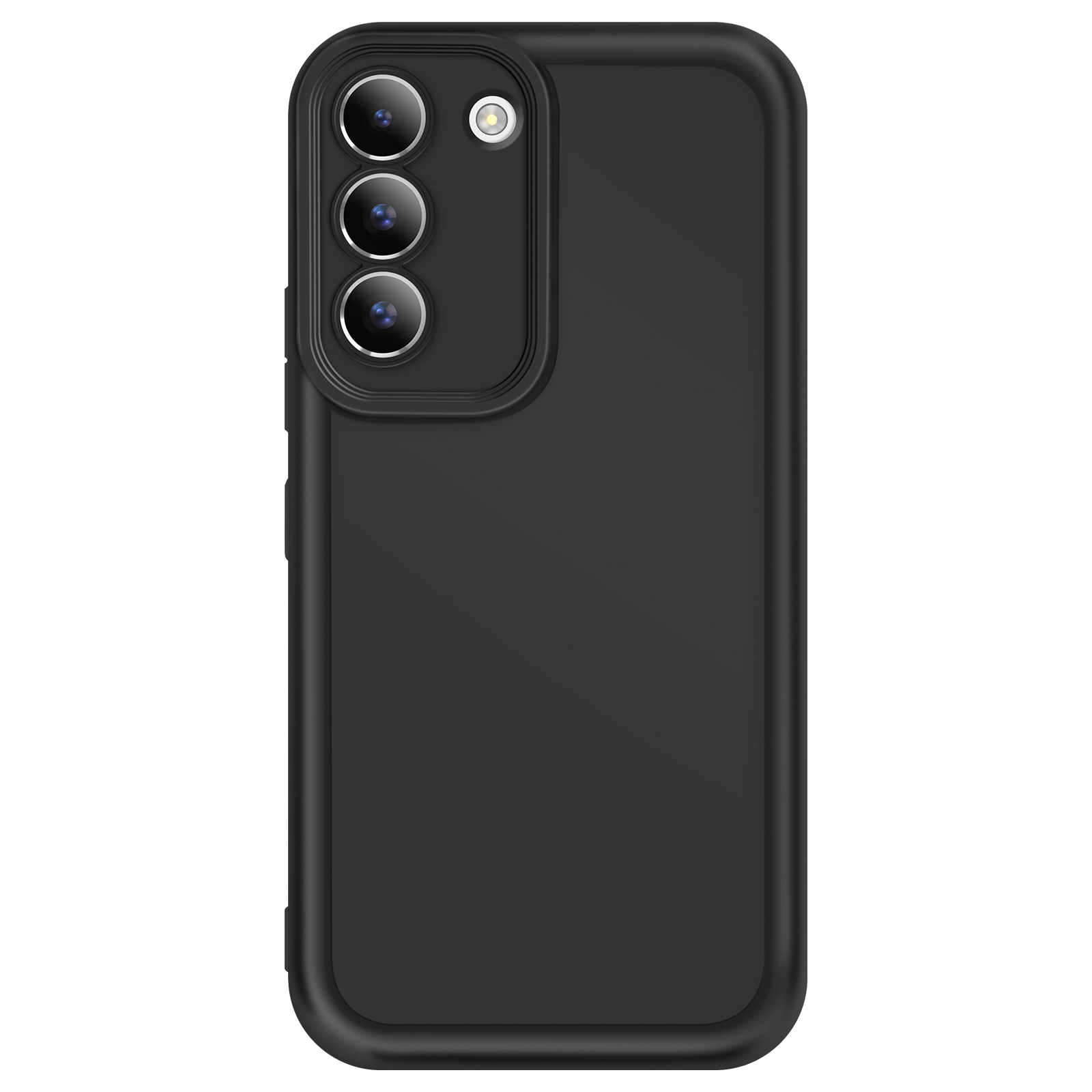 Coque de téléphone noire avec trois caméras et flash. Fond blanc.
