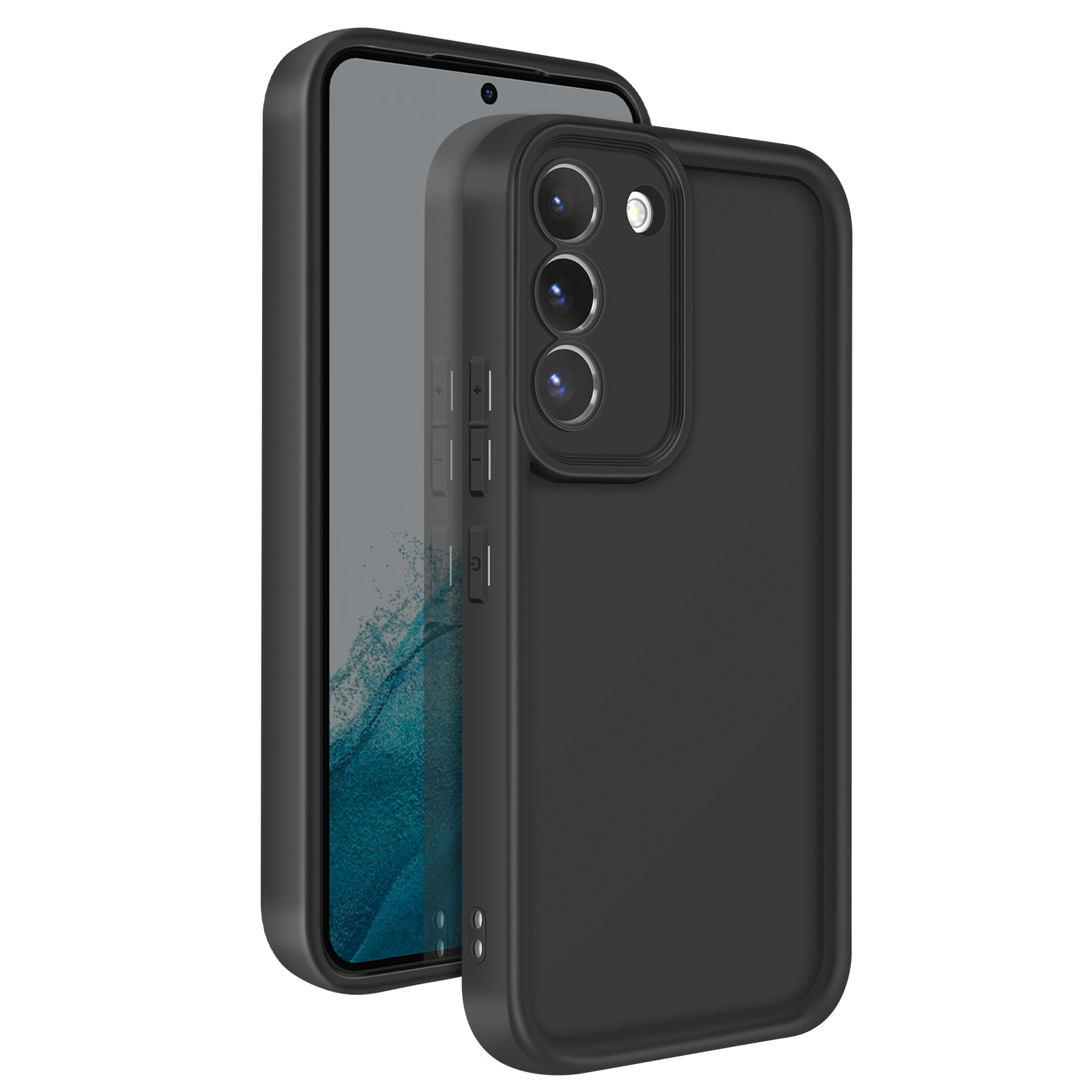 Coque de téléphone noire avec téléphone noir à l'intérieur. Trois lentilles de caméra à l'arrière.