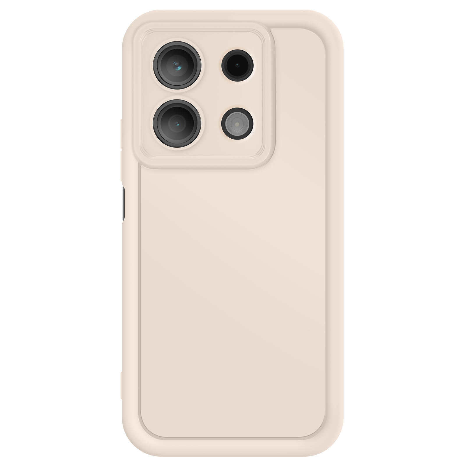 Una custodia per telefono beige chiaro con quattro obiettivi. Ha un design curvo e una texture liscia.