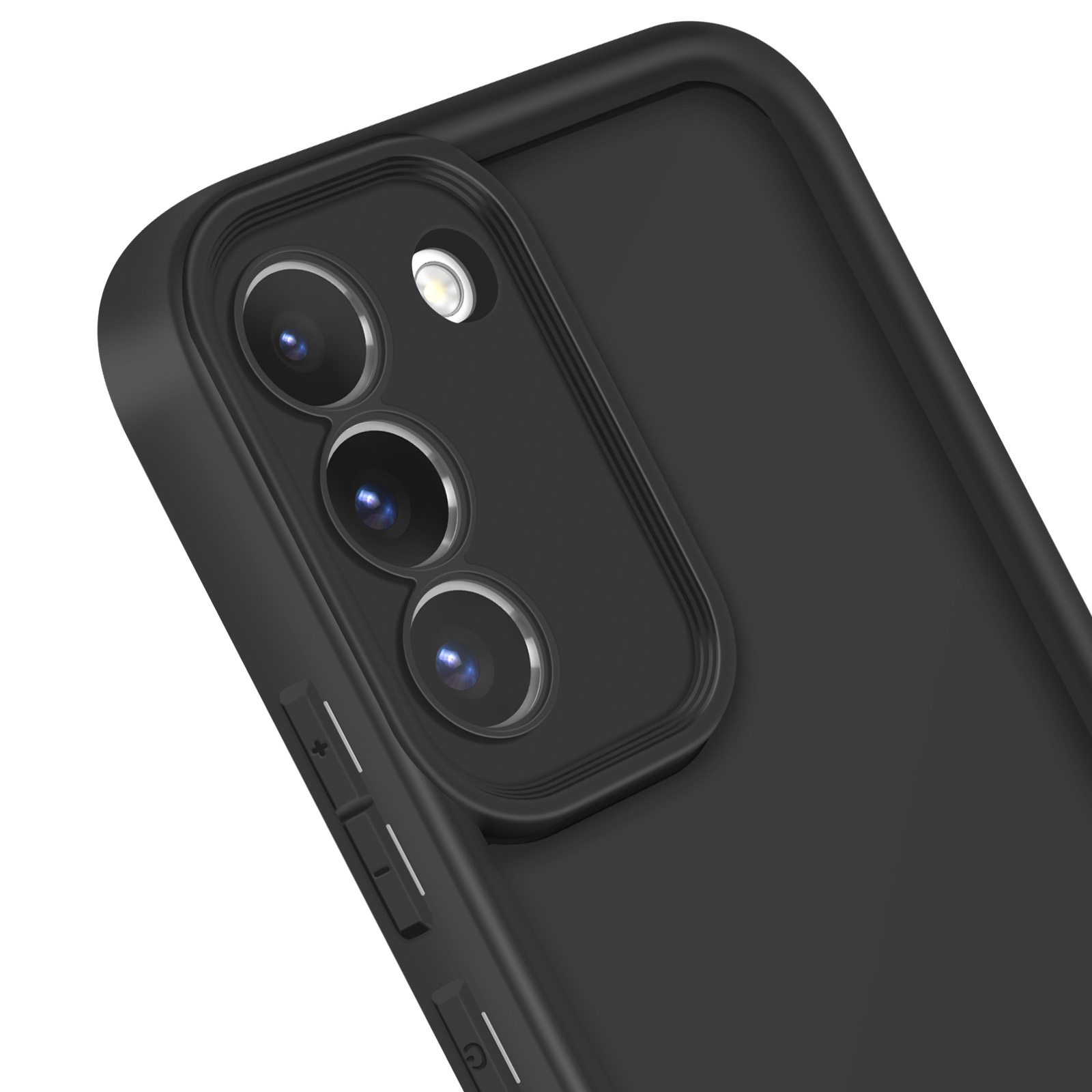 Gros plan sur une coque de téléphone noire avec trois caméras et flash. Fond noir.