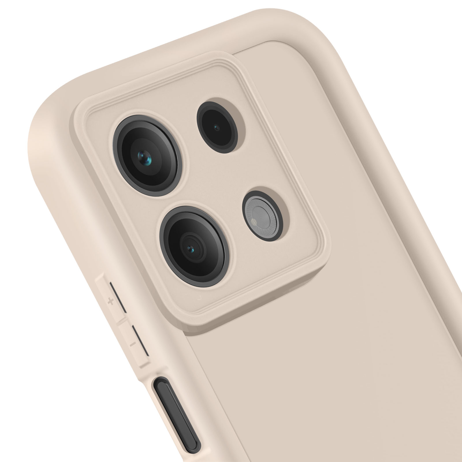 Custodia beige con lenti della fotocamera. Primo piano.