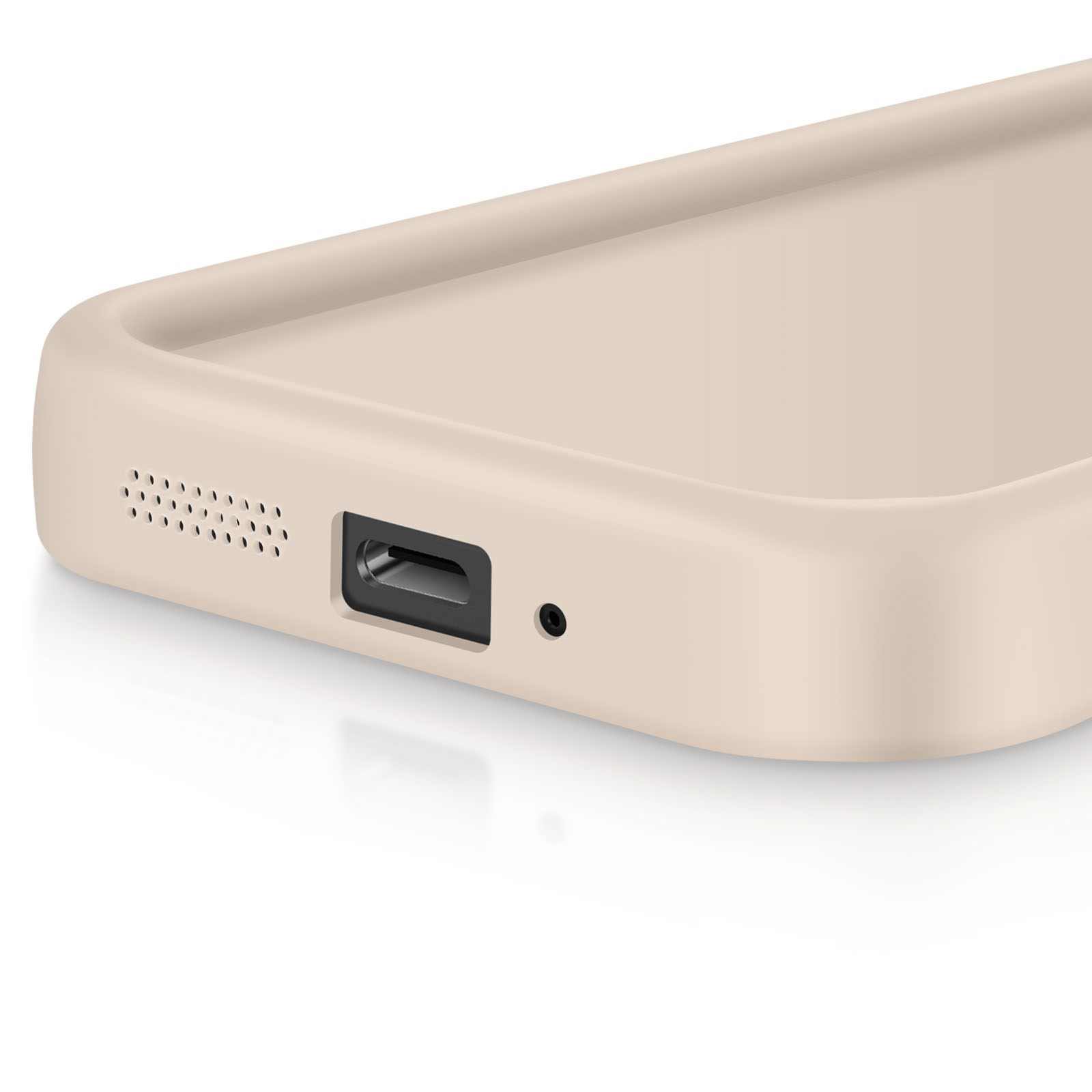 Primo piano della parte inferiore del telefono con porta di ricarica, fori per altoparlanti e un piccolo foro per microfono.