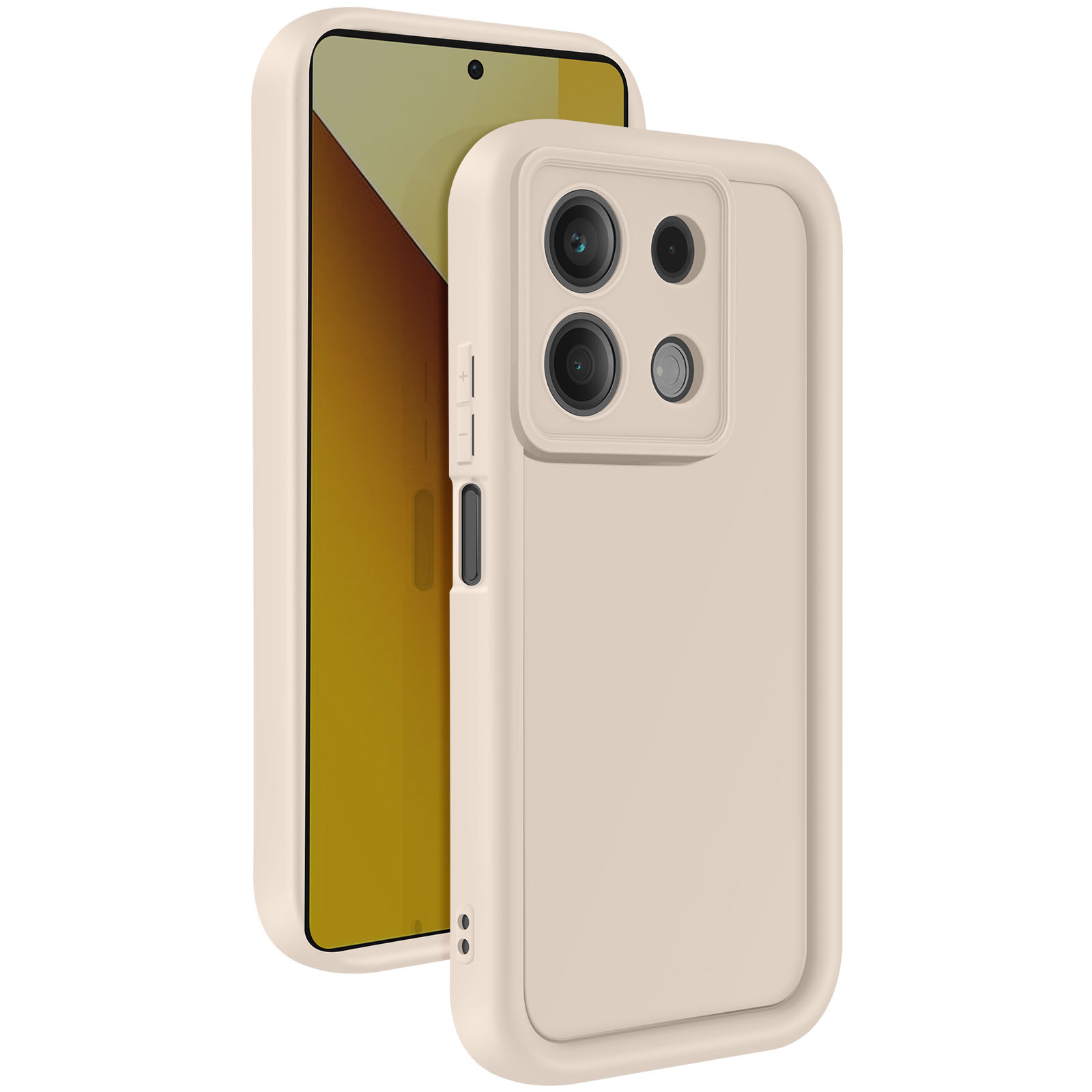 Custodia beige con telefono dentro. Vista laterale.