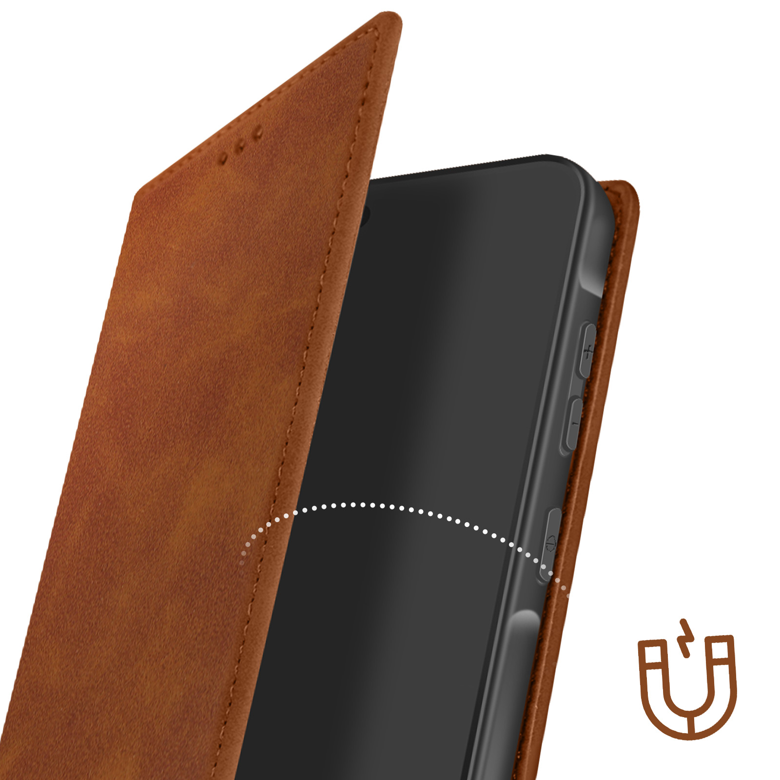 Un telefono in una custodia marrone. La custodia è aperta e viene mostrata un'icona a calamita. I pulsanti del volume del telefono sono visibili.