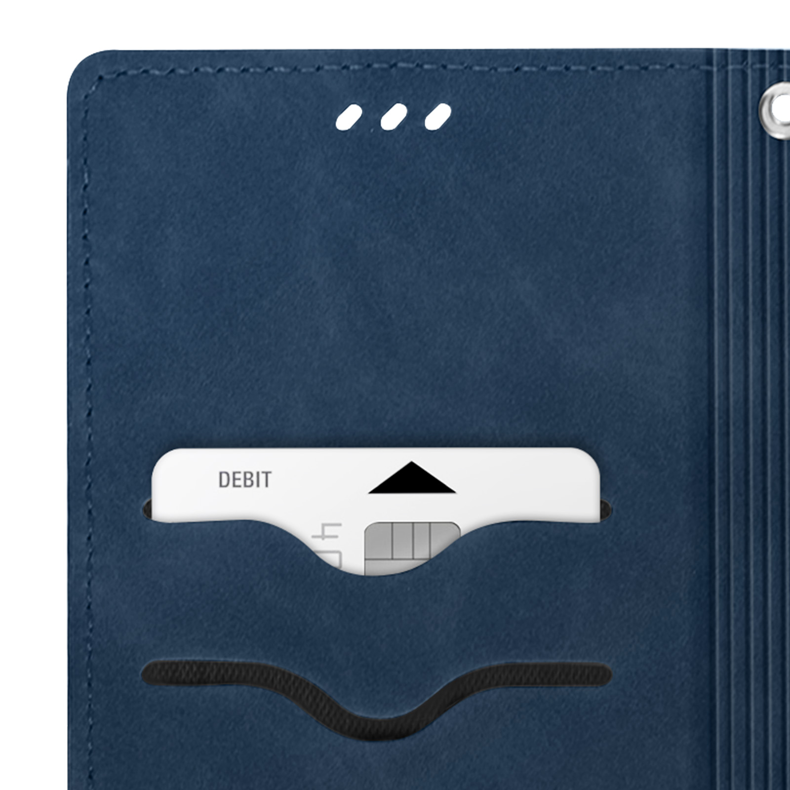 Custodia blu, aperta. Slot per carta e SIM.