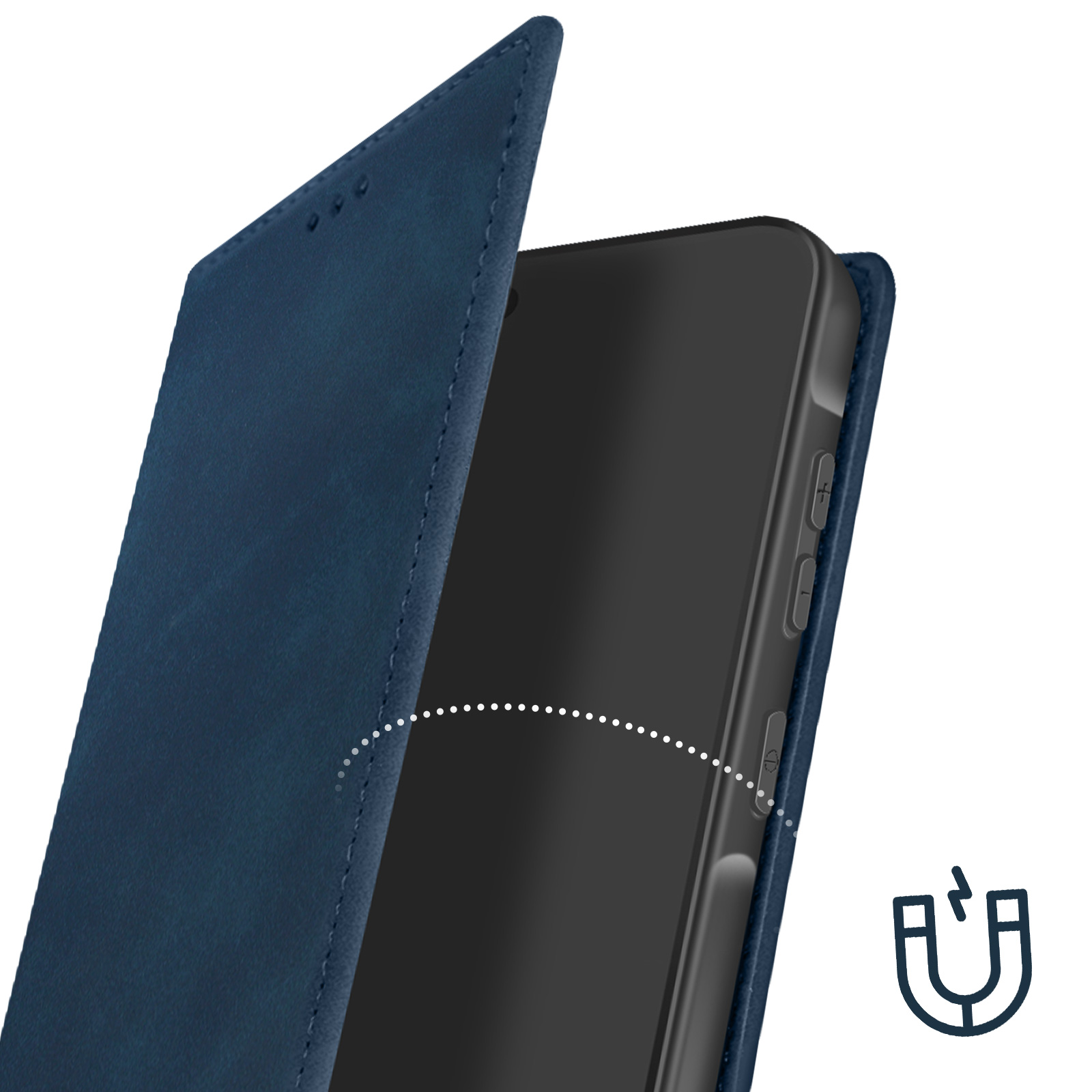 Custodia blu per telefono. La custodia si apre per rivelare un telefono all'interno. Viene mostrato un simbolo di magnete.