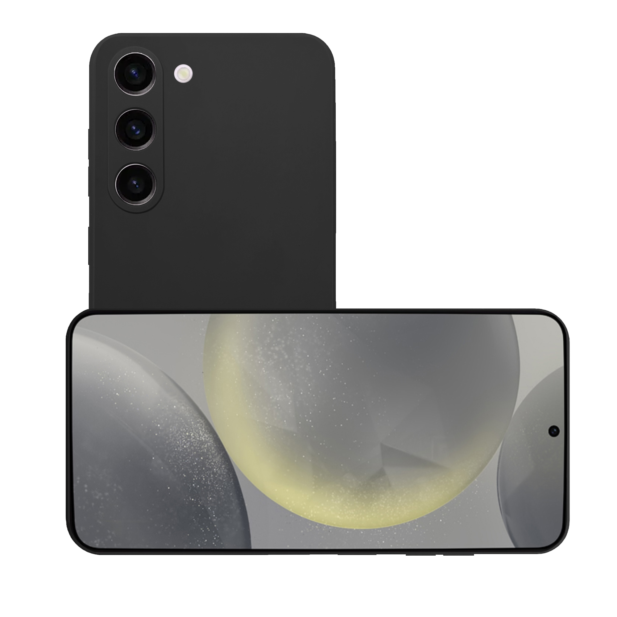 Schwarzes Smartphone mit drei Kameras auf der Rückseite. Der Bildschirm zeigt abstrakte, verschwommene Kugeln.