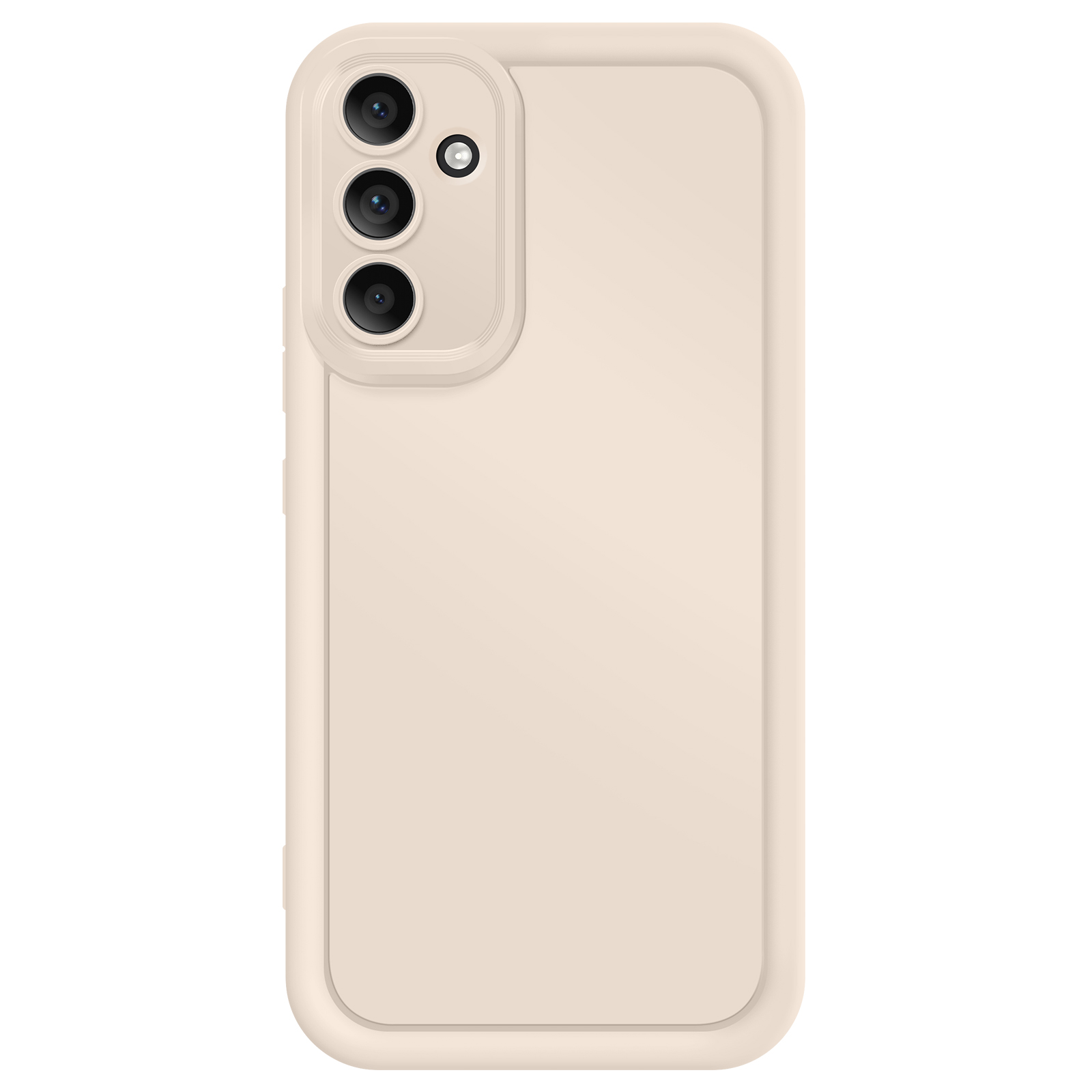 Custodia beige con tre fotocamere. Sfondo bianco. Primo piano con le tre fotocamere.